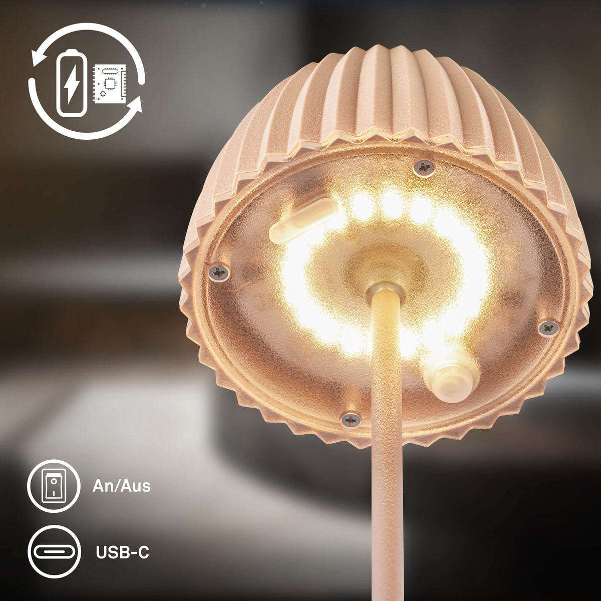 BRILONER - 2-piece set of Riffle Mini LED table lamps, wireless, IP44 with light edge, 8.5x20 cm, touch dimmer, rechargeable battery, bedside lamp, LED lamp, battery lamp, German Design Award Winner 2025, Beige - 7685021