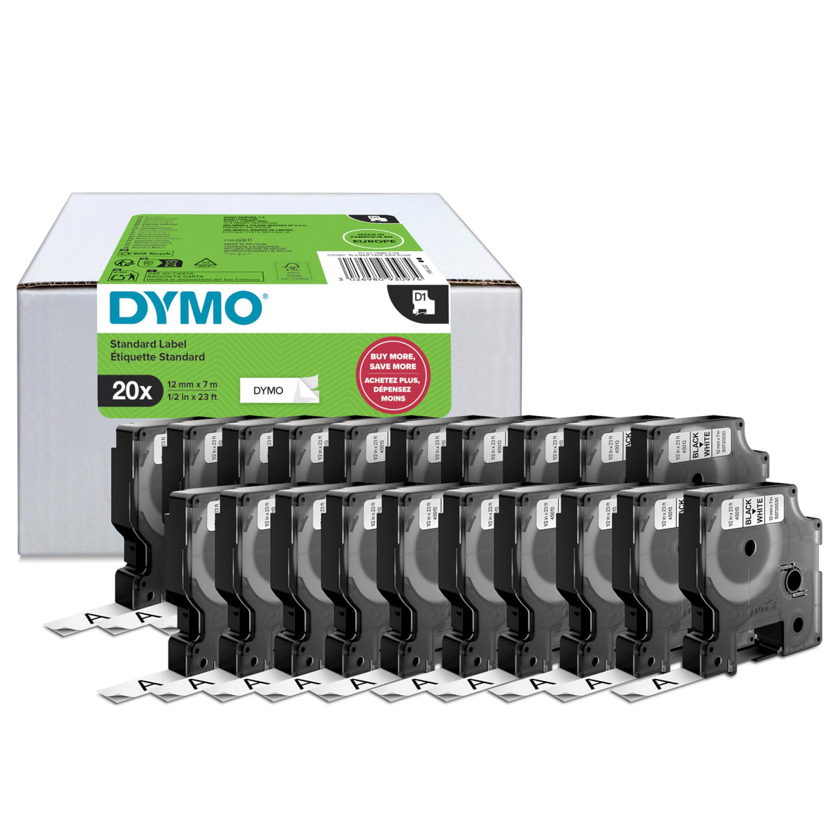 Bandă pentru etichete DYMO Original D1 | negru pe alb | 12mm x 7m | bandă de etichetare autoadezivă | pentru dispozitivul de etichetare LabelManager | 20 casete de etichete - 2231632