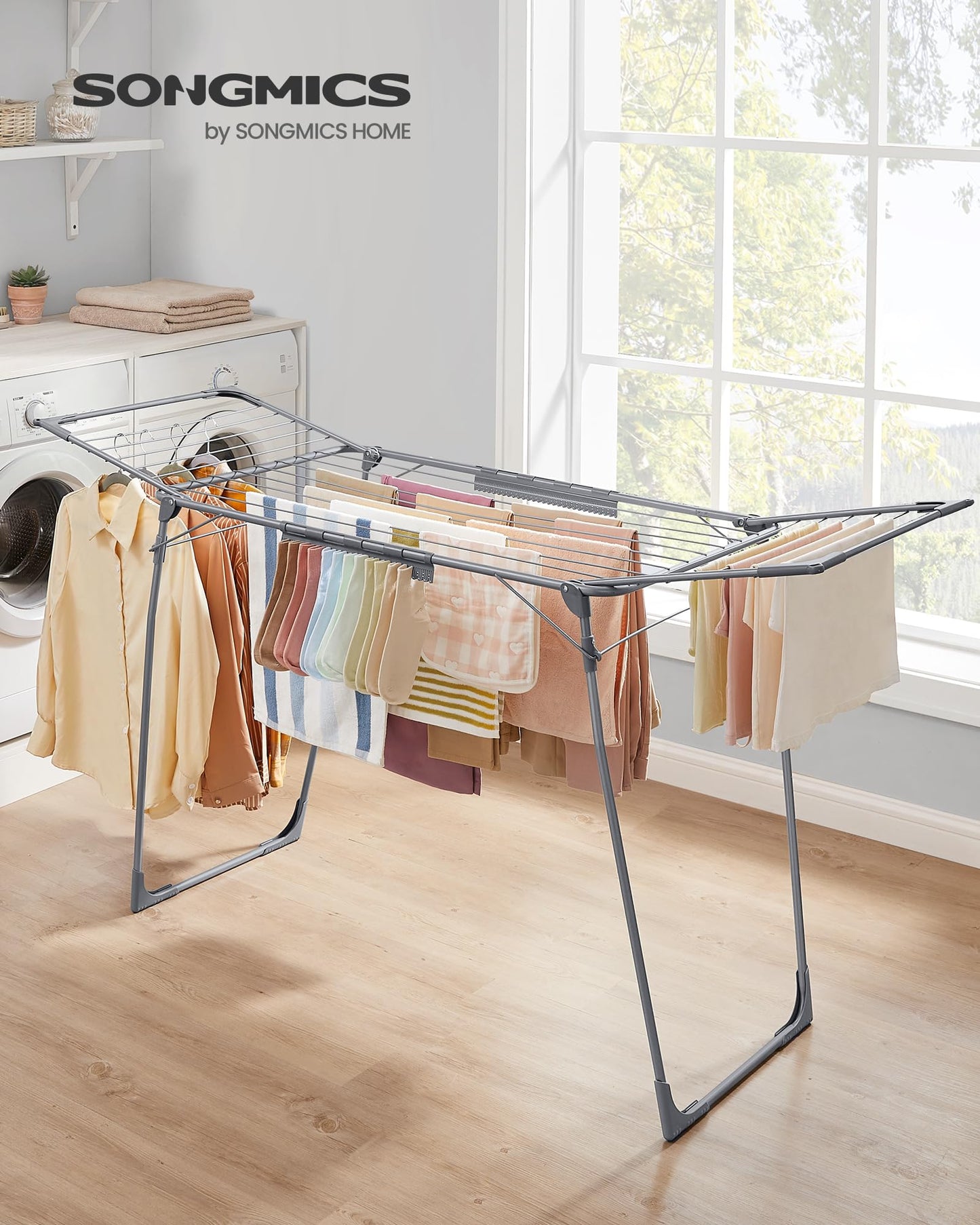 SONGMICS clothes airer, stand dryer 52.5 x 173 x 96.5 cm, wing clothes airer, wing clothes dryer, space-saving, with sock holder, metal, for clothes, towels, laundry, gray LLR518G01