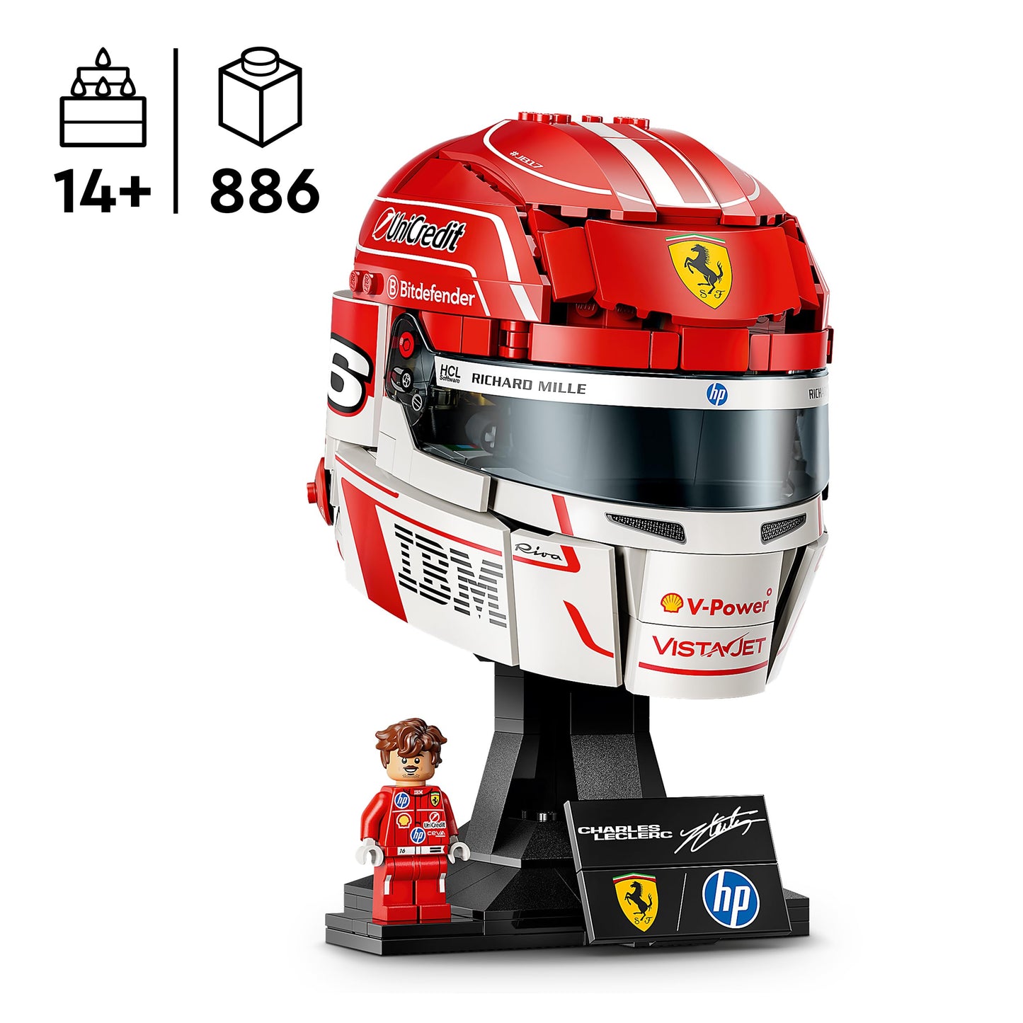LEGO Editions Scuderia Ferrari HP Charles Leclerc helmet - F1 merchandise - exhibition model kit with collectible minifigure - gift for boys aged 14 and over and adult motorsport fans - 43014
