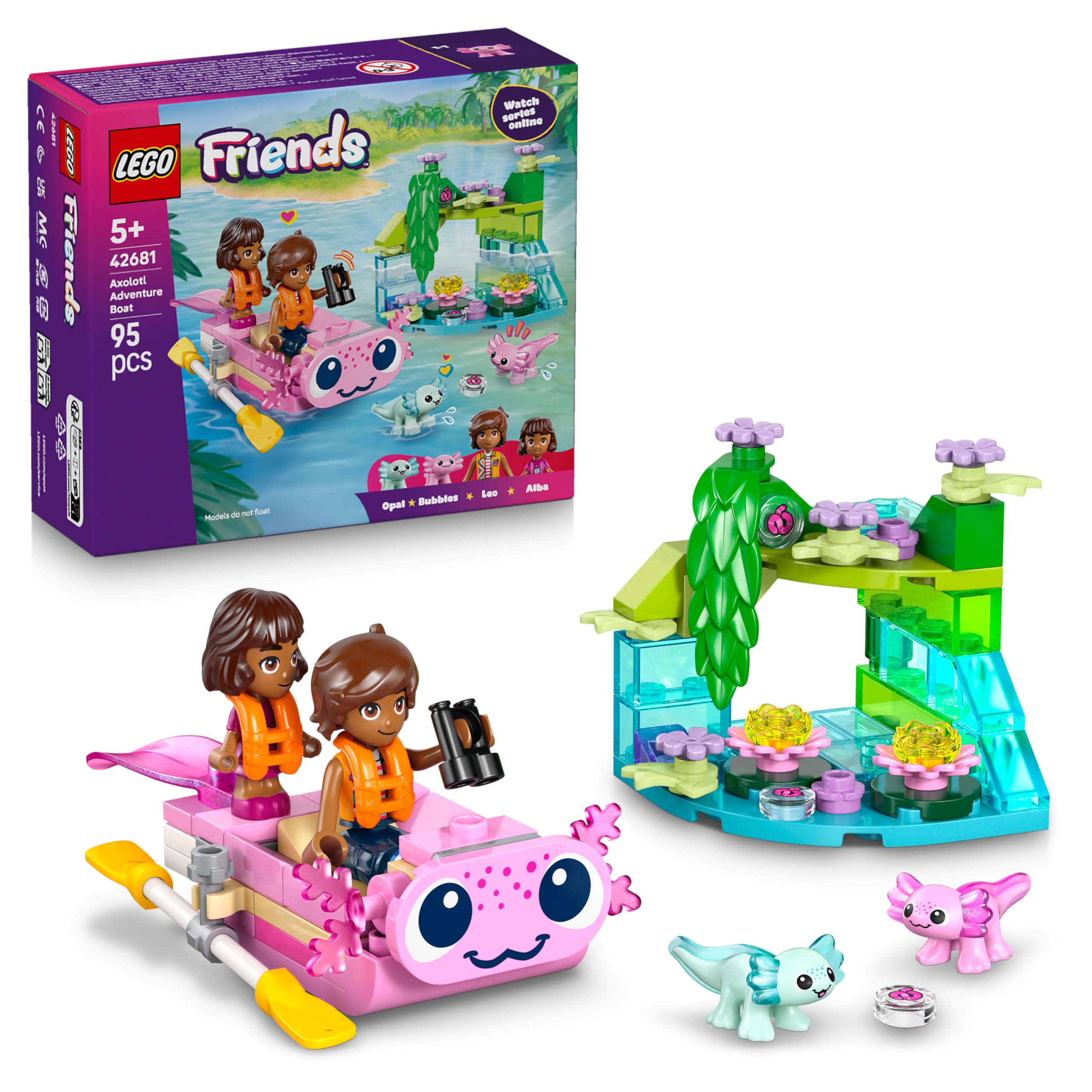 LEGO Friends Axolotl Adventure Boat - including 2 mini dolls, 2 cute animal figures, plants, flowers & accessories - birthday gift for girls aged 5 and up - 42681