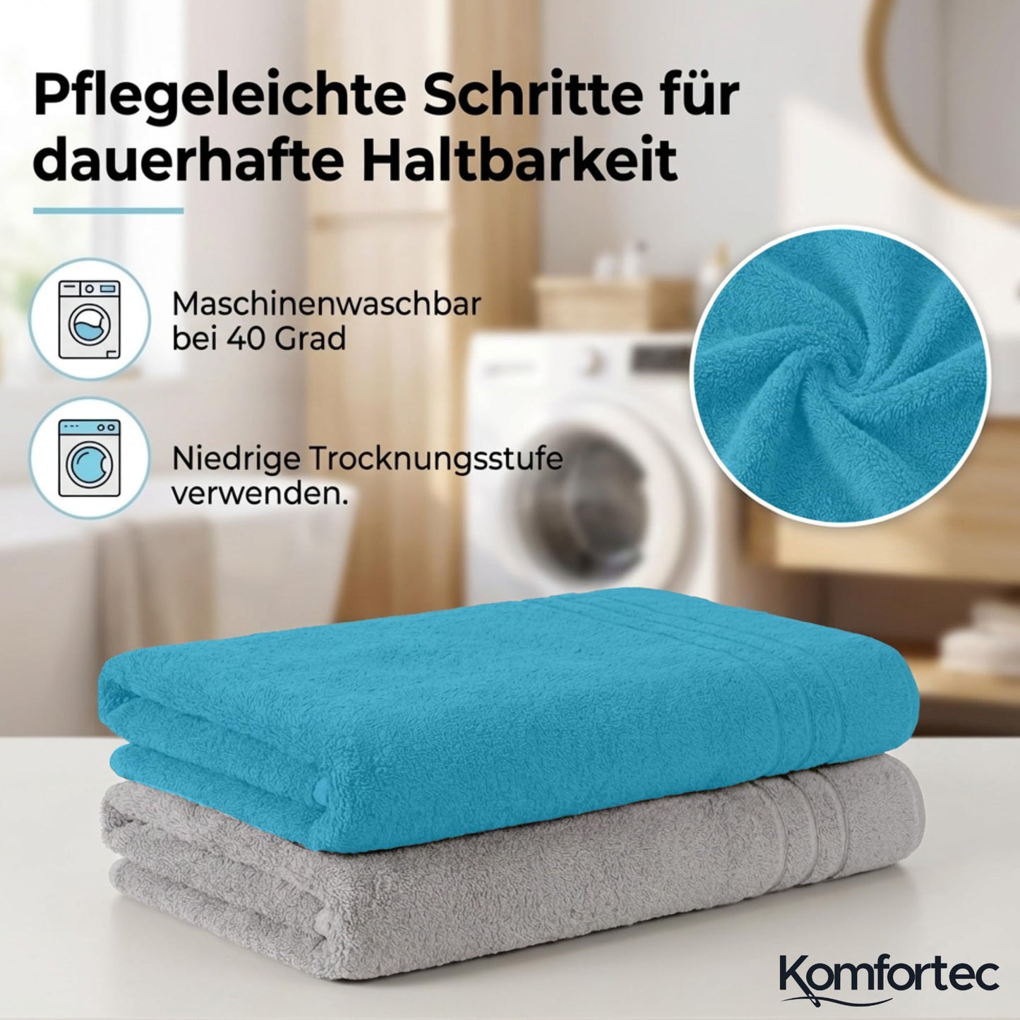 Komfortec 2 sauna towel set 80x200 cm, large sauna towels made of 100% cotton, sauna towels, fluffy and absorbent, quick-drying, light gray/turquoise - 2er-80x200-silber-und-türkis