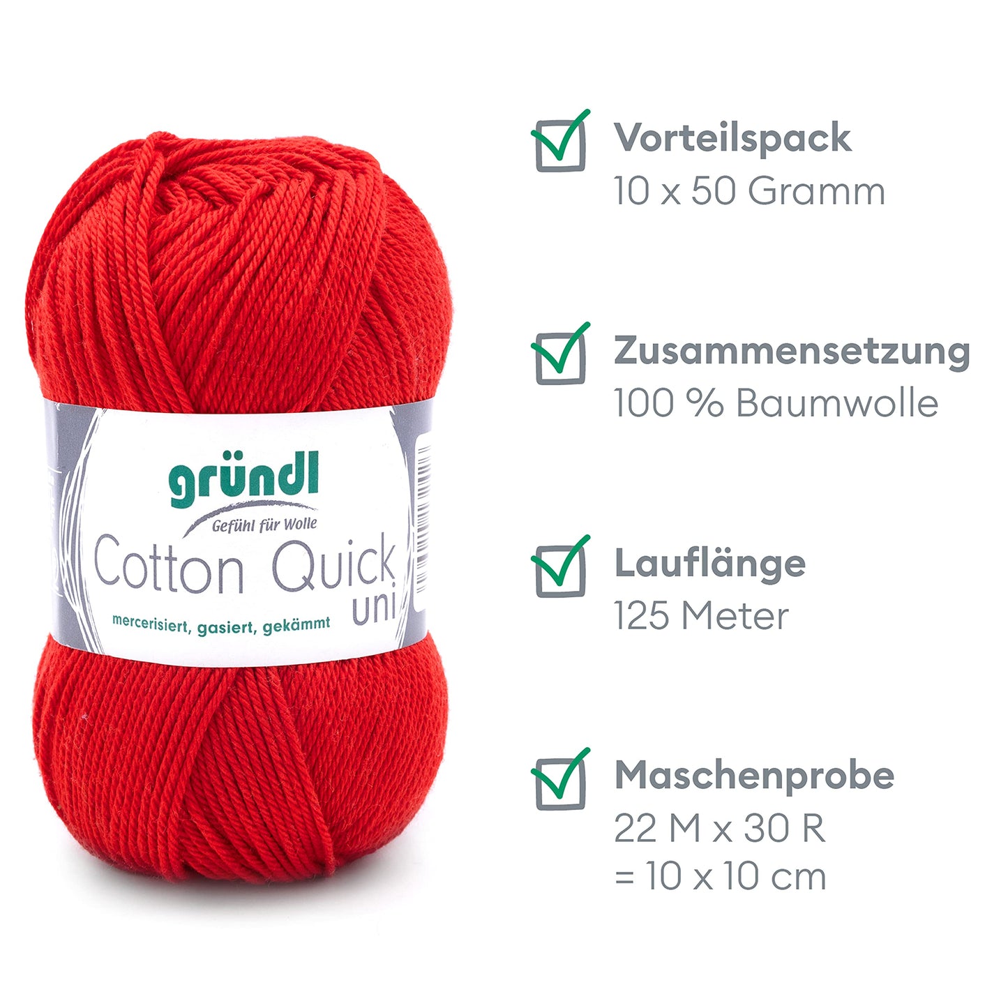 Gründl Wolle Cotton Quick uni - thin wool for crocheting - knitting yarn - crochet yarn - shiny and skin-friendly - 100% cotton - 10 balls 50 g / 125 m - needle size 3-4 - cherry - 865-120