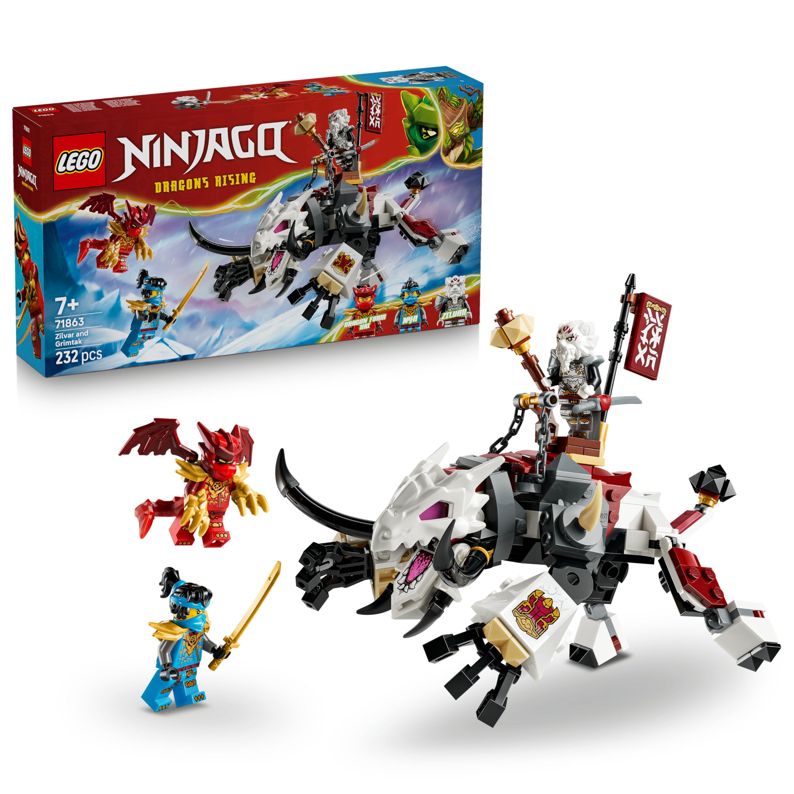 LEGO NINJAGO Zilvar on his dragon Grimtak - ninja toy with action figure, 3 minifigures including Kai & NYA - gift idea for boys aged 7 and up and Dragons Rising fans - 71863
