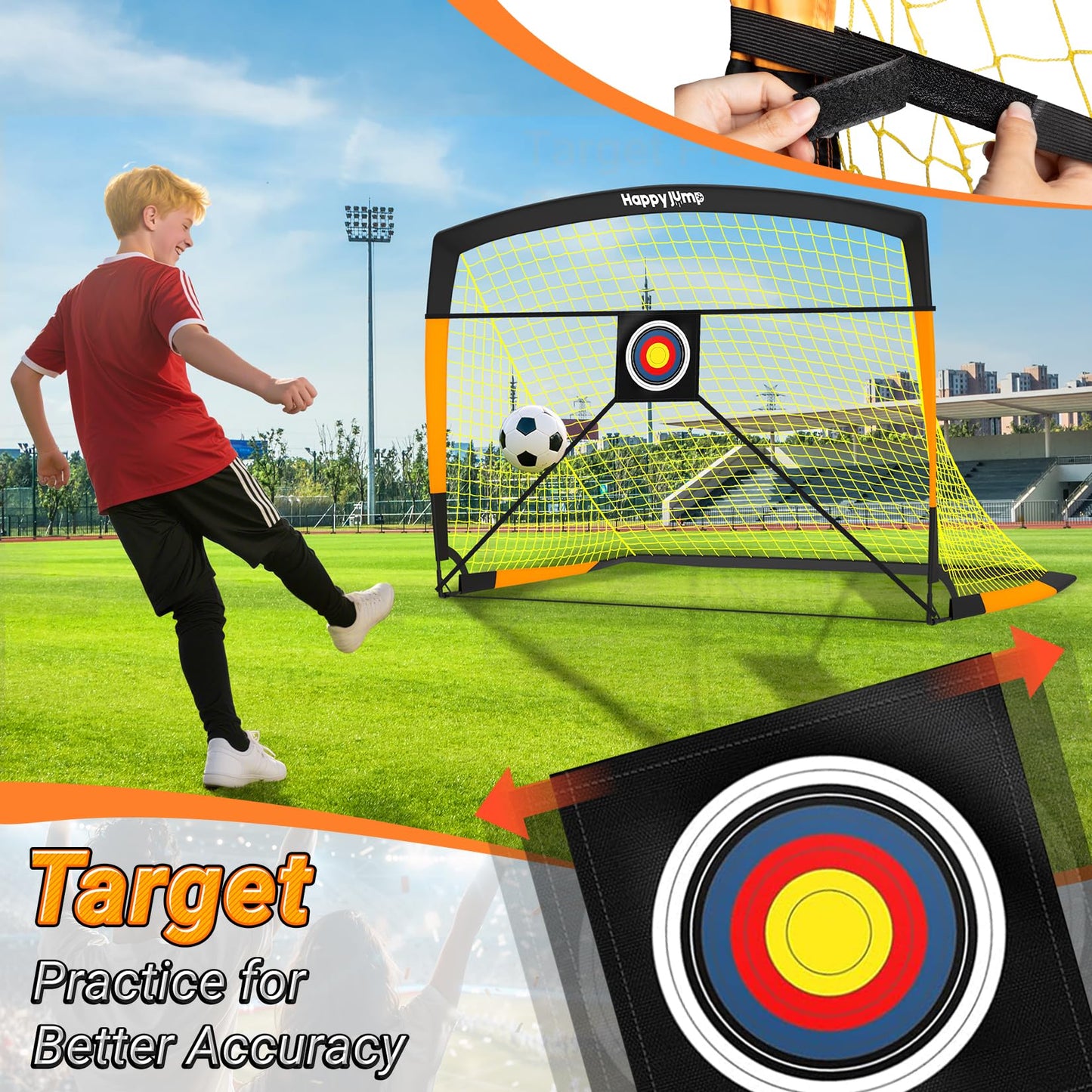 Happy Jump Pop-Up Football Goals - 213x152 cm, 2 goals, black orange with ball, pump, cone & target | Complete training set for garden & family - Z2500600BQ1