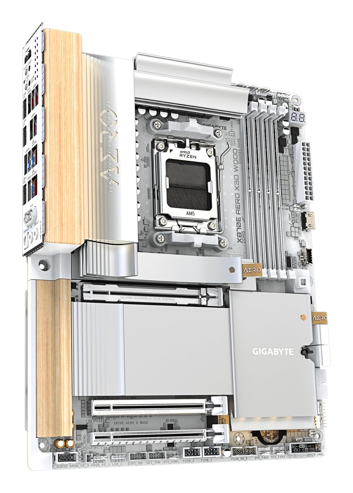 GIGABYTE X870E AERO X3D Wood Mainboard - Supports AMD Ryzen 9000 CPUs, digital 16+2+2 phase VRM, up to 9000Hz DDR5 (O.C.), 2xPCIe 5.0 + 2xPCIe 4.0, Wi-Fi 7, 5GbE LAN, USB 4
