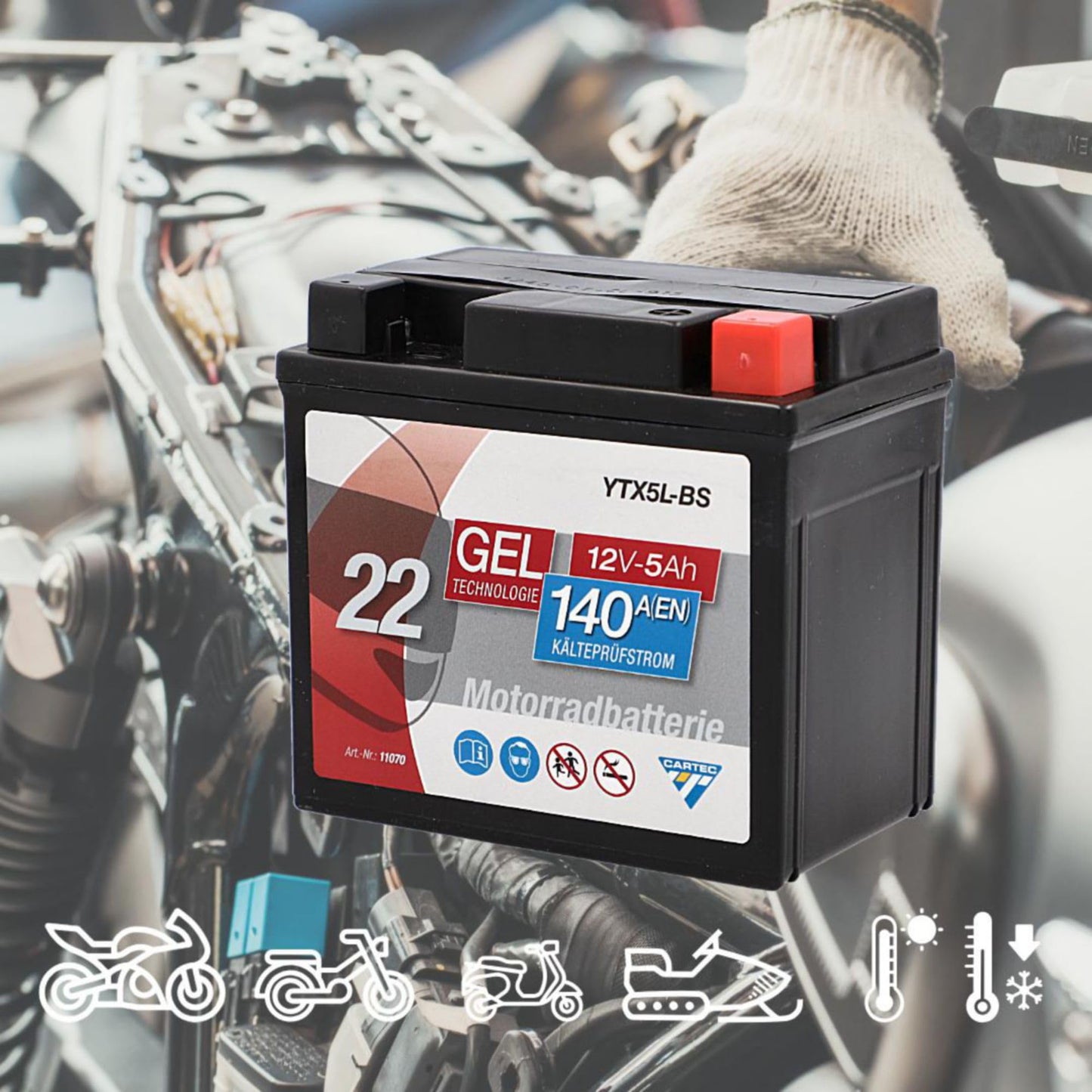 CARTEC motorcycle battery YTX5L-BS, 5Ah, 140A, gel technology motorcycle starter battery, original equipment manufacturer quality, cycle-proof, storable, maintenance-free, black - 11070
