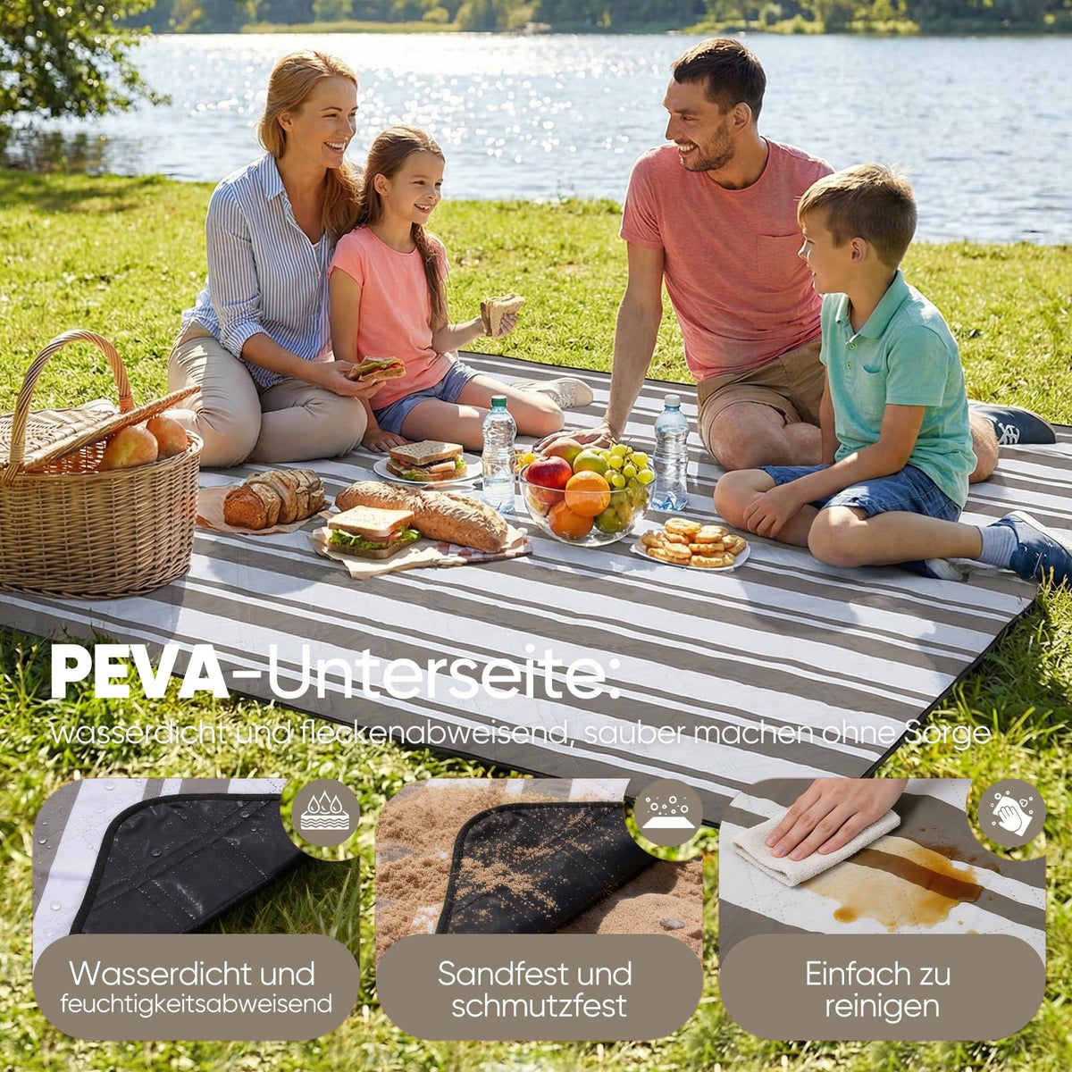 Sekey picnic blanket, waterproof, 200 x 200 cm, beach blanket, sand-free Padded, three-layer structure, PEVA waterproof base, tie strap carry strap, suitable for picnic, camping, beach - PM18