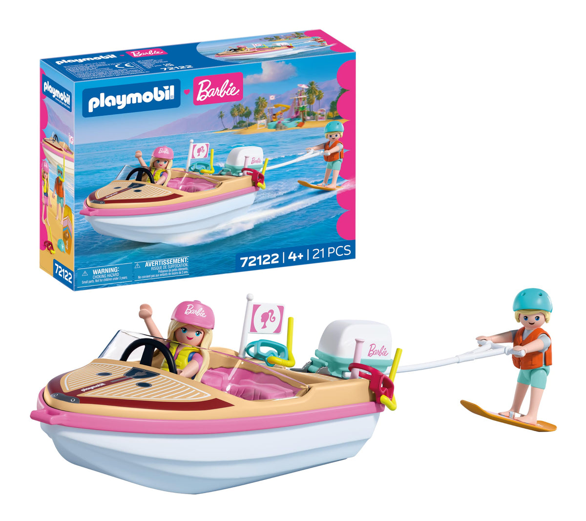 PLAYMOBIL | Barbie | Adventure boat | Speedboat with Barbie & Ken | Wakeboarding & snorkeling action for children | Malibu summer feeling & water adventure | Water toys | For children aged 4 and over | 72122