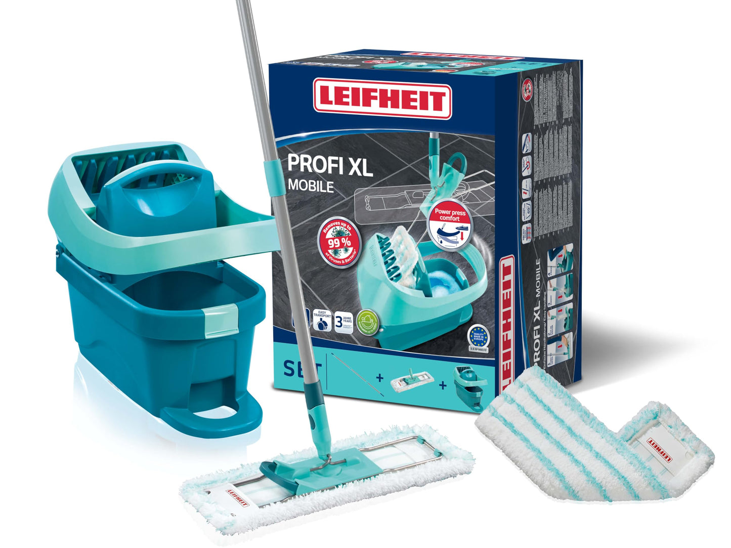 Leifheit Set Wiping Cloth Press Profi XL with floor wiper and rollers including replacement cover Profi Micro Duo made of microfiber, absorbent and easy to clean, set for cleaning without bending over with click system - 55099