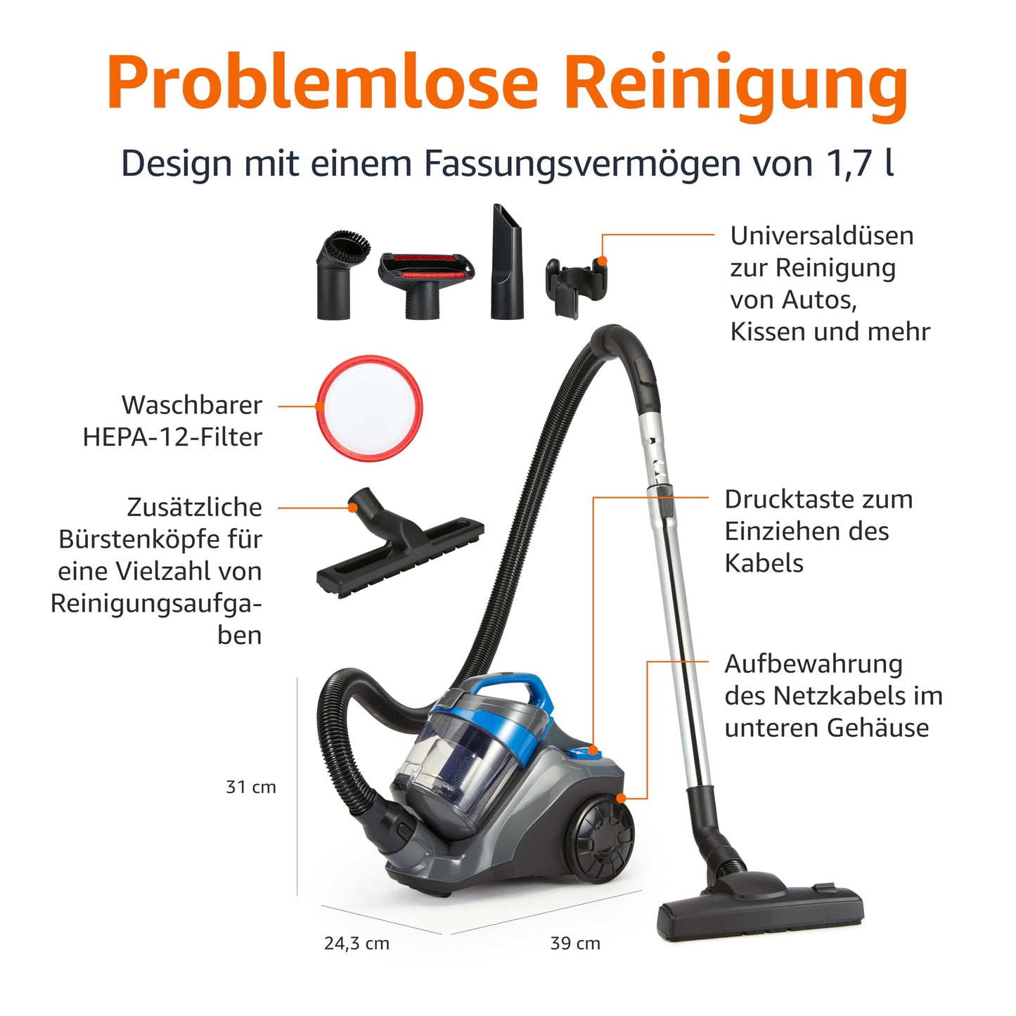 Amazon Basics bagless vacuum cleaner 1.7L compact lightweight with 3-way action nozzle, HEPA filter, 850W, for carpets and hard floors, black & blue - VCS38A13L-B-*