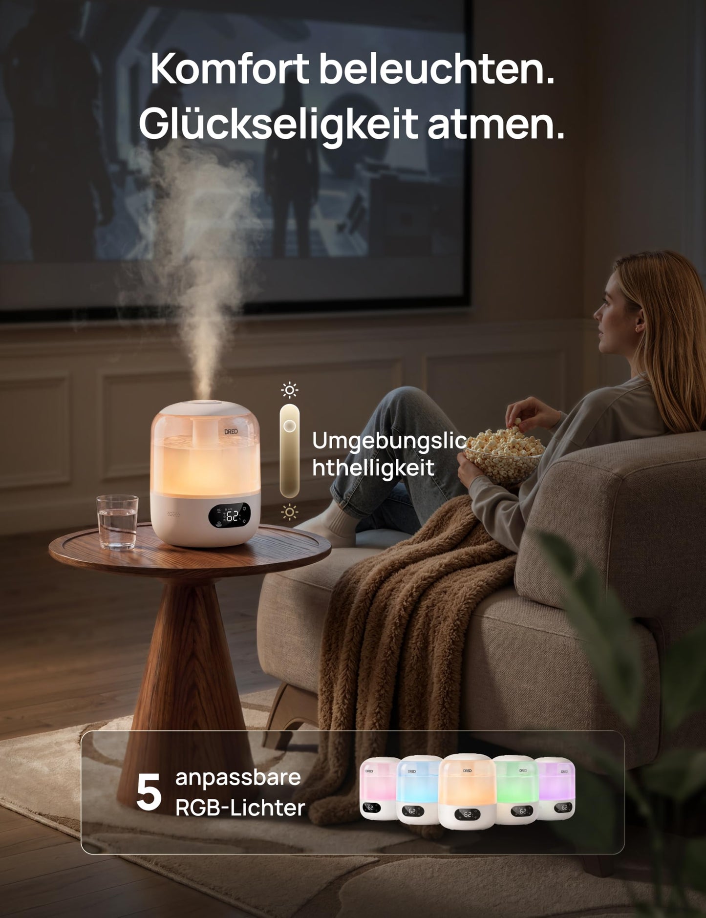 DREO humidifier bedroom, ultrasonic cold mist with WiFi/app control, humidity sensor, RGB ambient light, 3L water tank, easy cleaning, up to 30 hours running time - DR-HHM006S