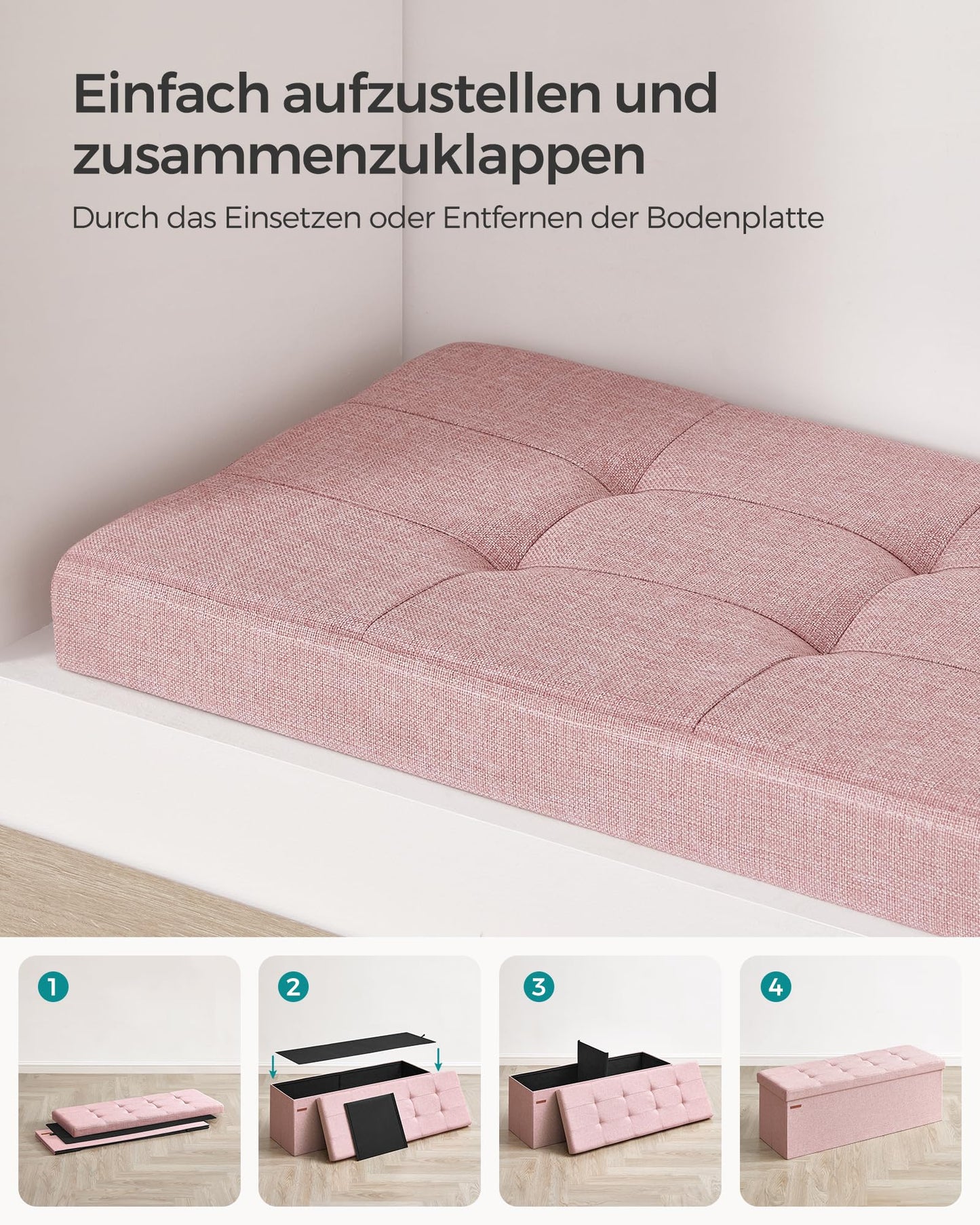 SONGMICS Stool with storage space, folding bench, 38 x 110 x 38 cm footstool, storage box, load capacity up to 300 kg, for living room, bedroom, hallway, pastel pink LSF077R11 - 6955880314393