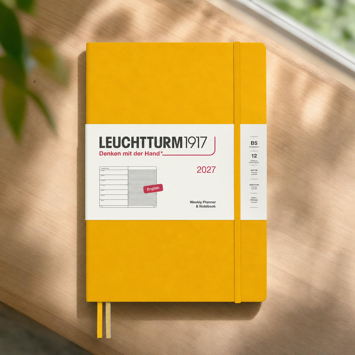 LEUCHTTURM1917 calendar săptămânal 2027 Compoziție (B5) cu caiet, cu linii - planificator de întâlniri engleză, floarea soarelui, copertă cartonată, 178 x 254 mm, ianuarie-decembrie 2027, prezentare săptămânală în stânga + pagina de note în dreapta -