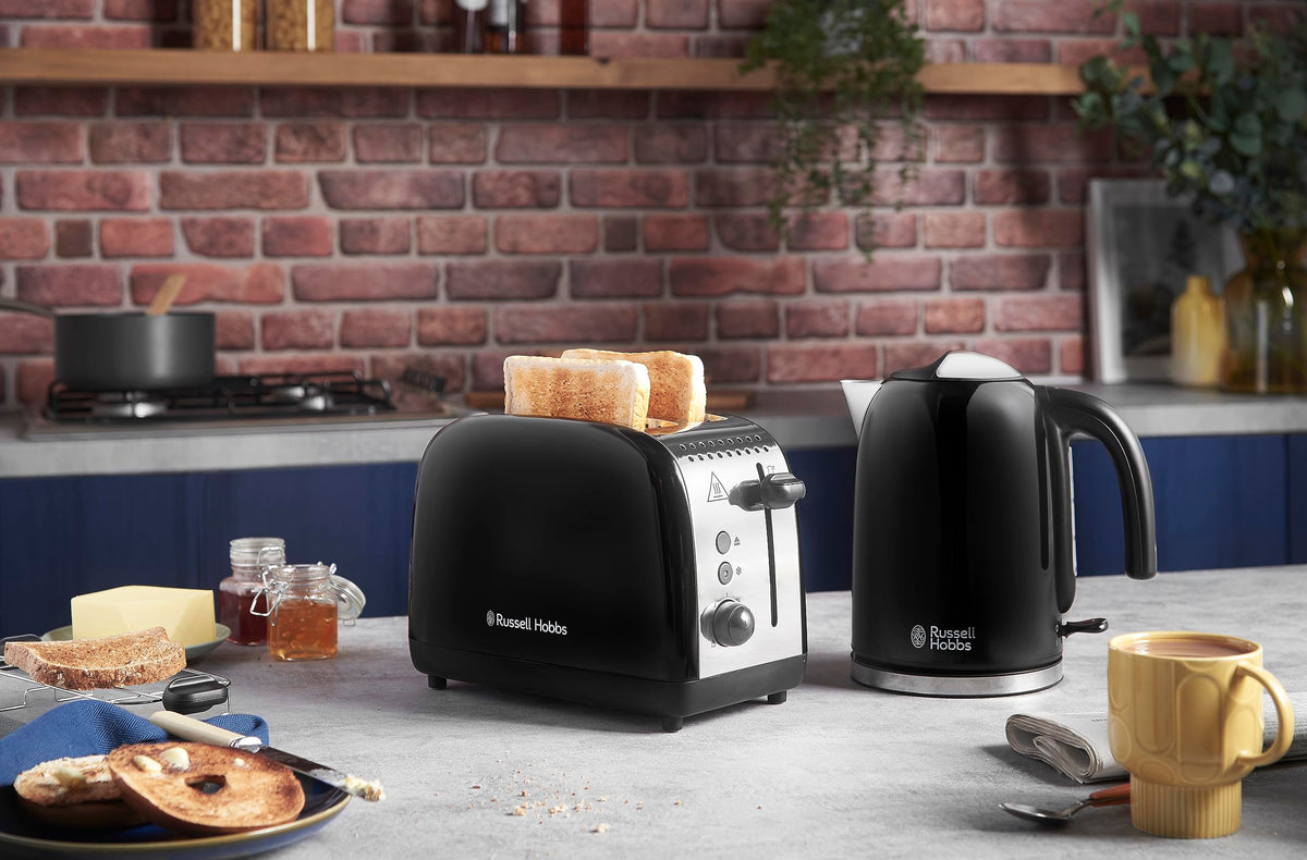 Russell Hobbs Toaster [for 2 slices] Colours Plus Stainless Steel Black (extra wide toast slots, includes bun warmer, 6 browning levels + defrost function, Lift & Look feature, 1600W) 26550-56