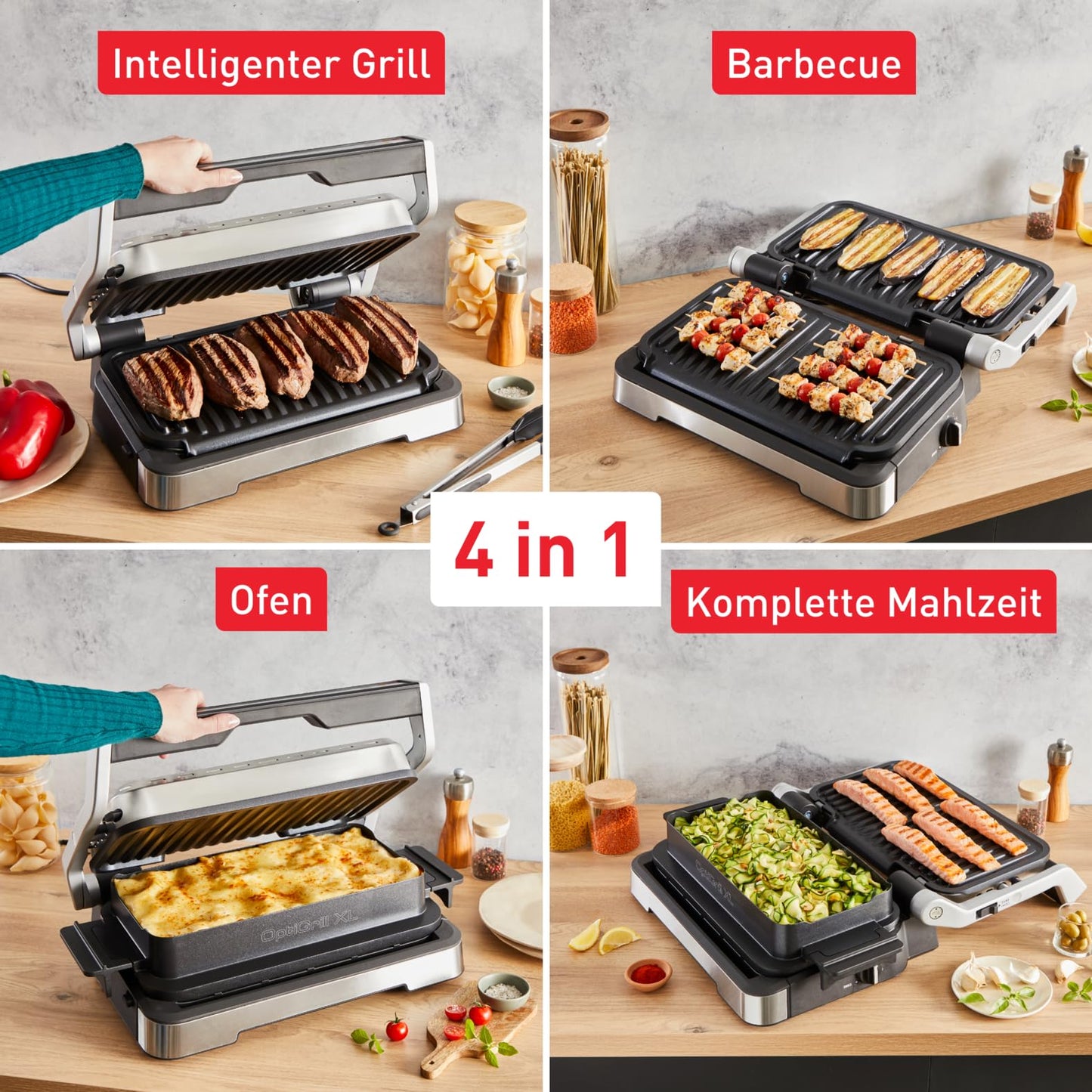 Tefal OptiGrill 4in1 XL contact grill with baking tray, foldable, table grill, 12 programs, cooking level display, electric grill, oven, GC784D10