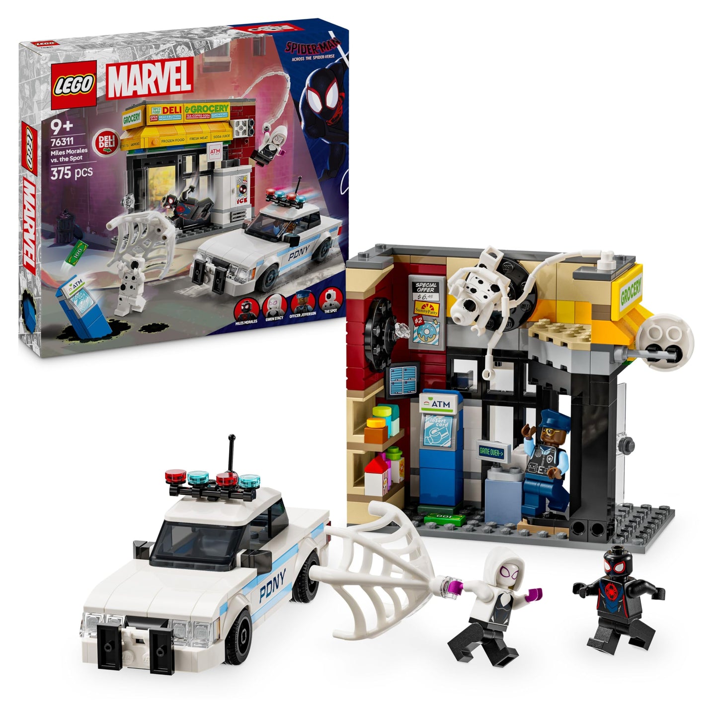 LEGO | Marvel Spider-Verse: Miles Morales vs. Spot - Superhero playset with toy car - 4 minifigures and mini market - Creative gift for boys and girls aged 9 and up - 76311