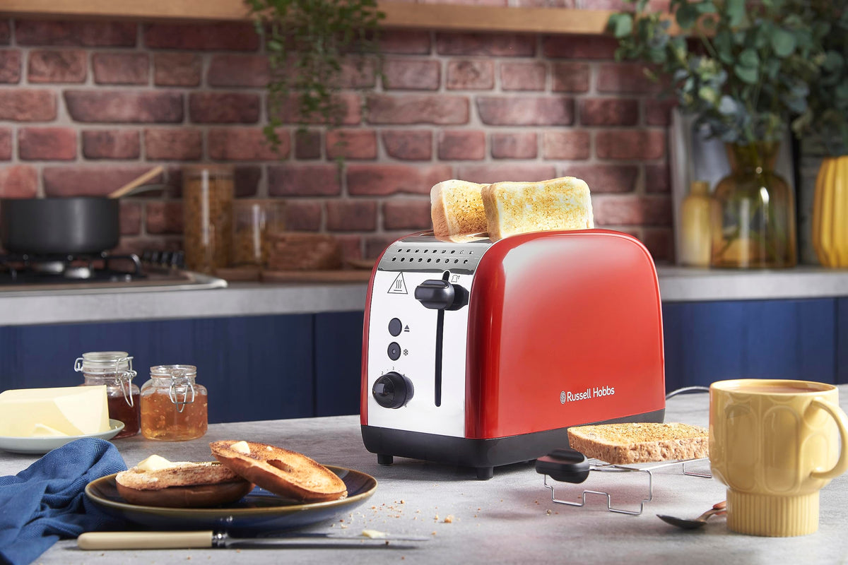 Russell Hobbs Toaster [for 2 slices] Colours Plus Stainless Steel Red (extra wide toasting slots, includes bun warmer, 6 browning levels + defrost function, Lift & Look feature, 1600W) 26554-56
