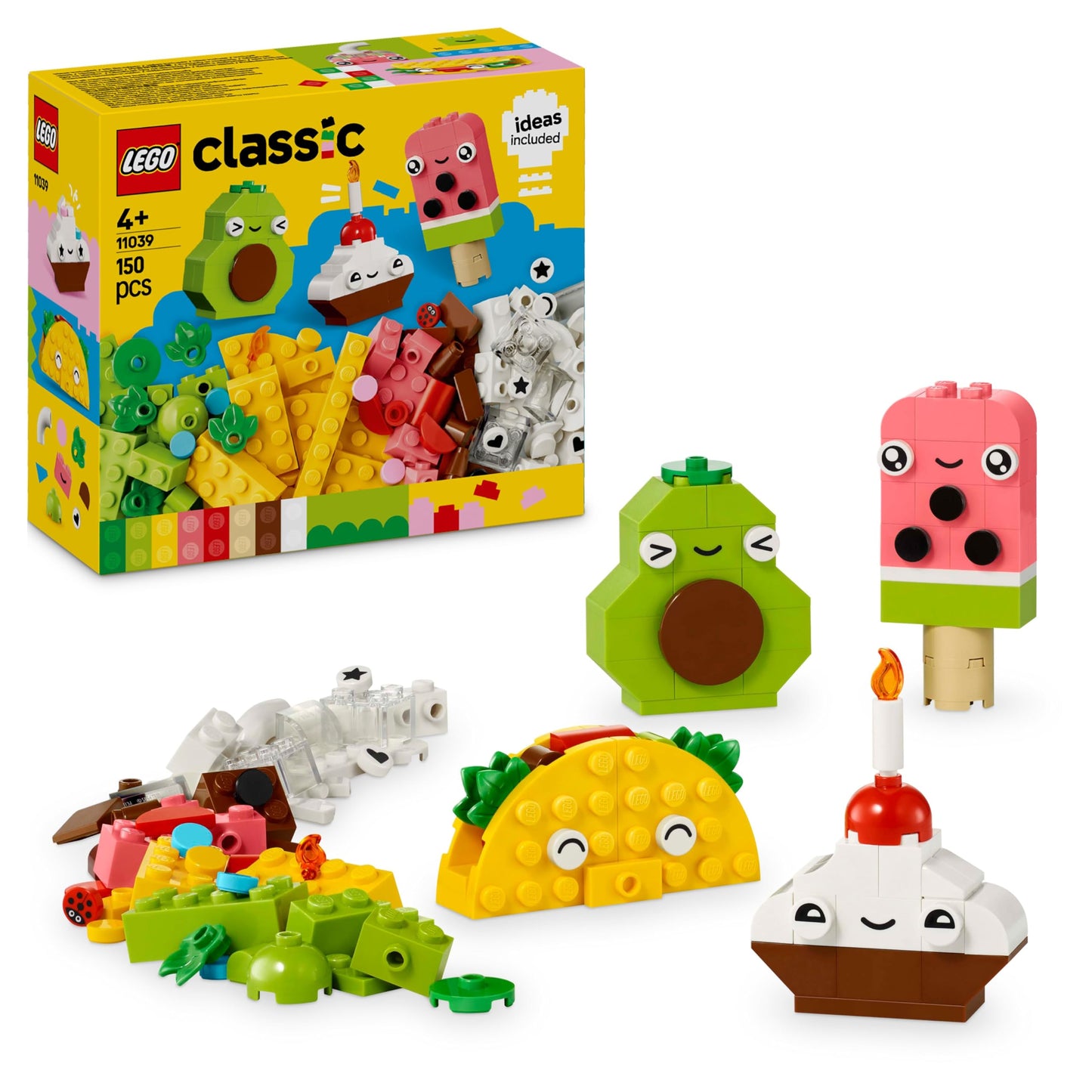 LEGO Classic Creative Snack building fun, toy with food for imaginative role play, building set for boys and girls aged 4 and up, cupcake, avocado, popsicle and taco 11039