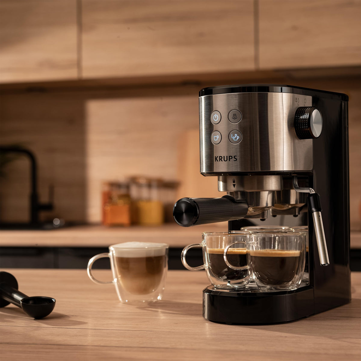 Krups Virtuoso Essential Espresso Machine, 15 bar, stainless steel accents, sleek design, control panel with 4 functions, including barista accessories, stainless steel, XP441810