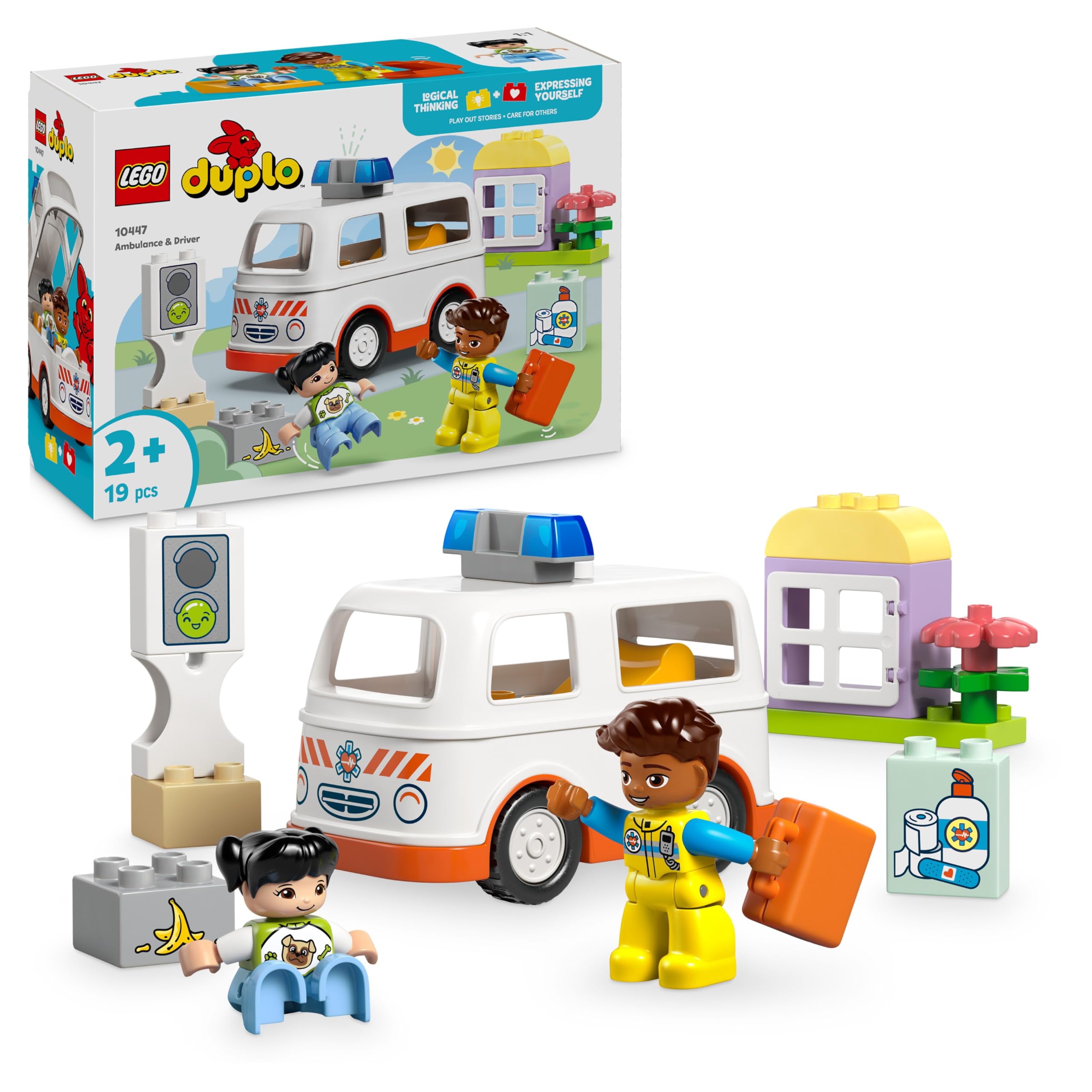 LEGO DUPLO ambulance with driver - educational toy for toddlers aged 2 and up - Montessori toy for role play - ambulance toy with car, house, 2 figures - gift for children 10447