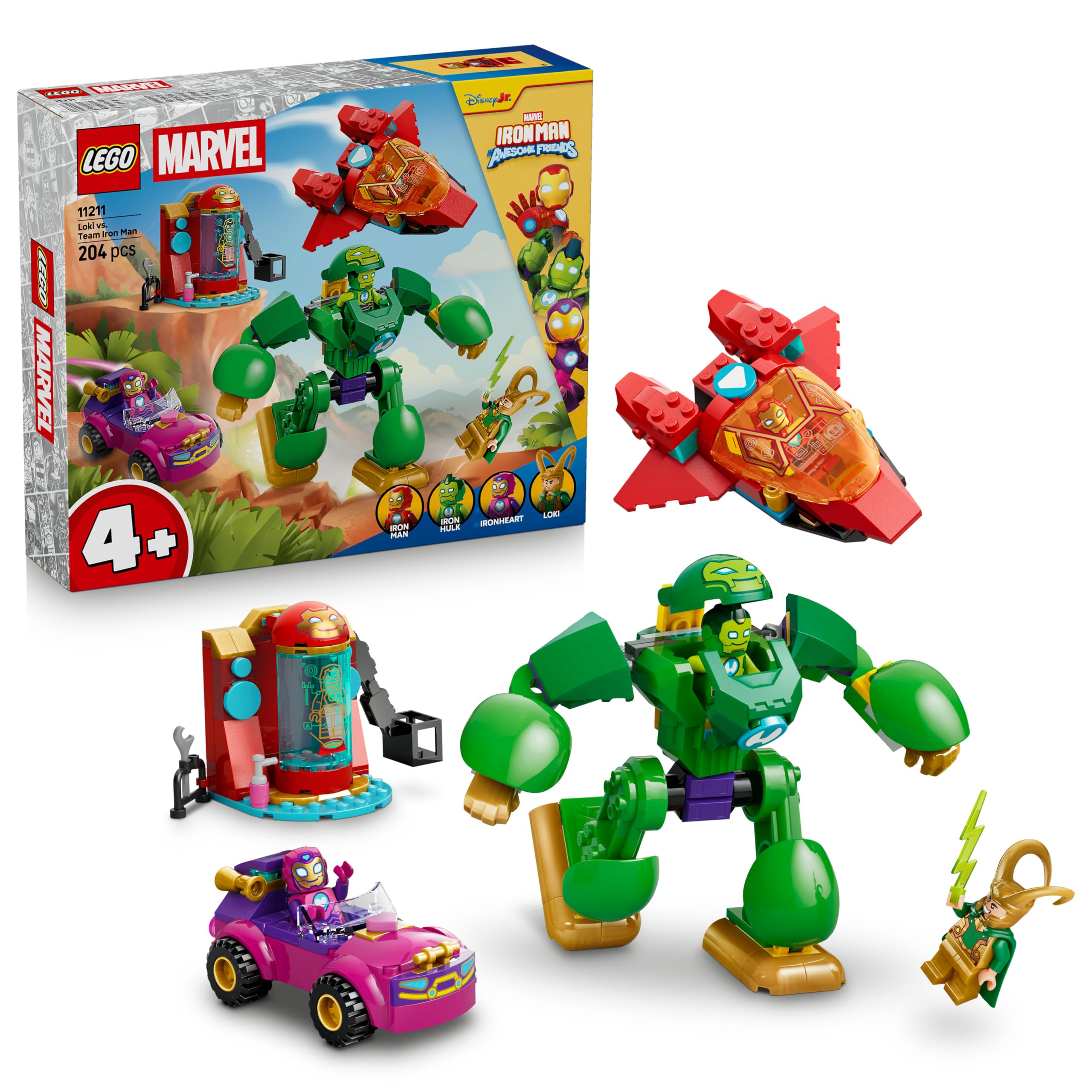 LEGO ǀ Marvel Iron Man and his fantastic friends Loki vs. Team Iron Man - superhero toy with car, plane, mech figure & 4 minifigures - gift for boys aged 4 and up & fans - 11211