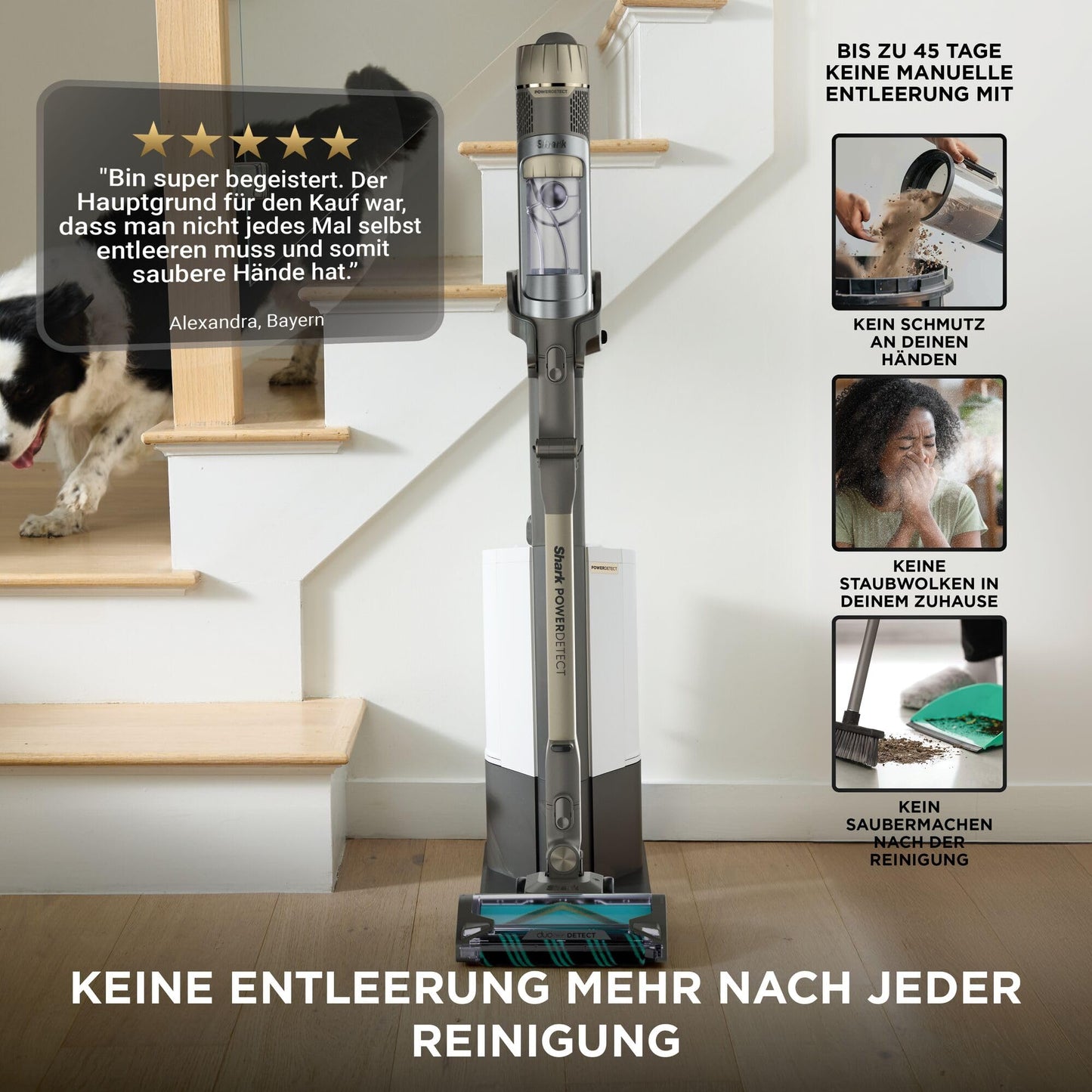 Shark PowerDetect Clean & Empty cordless vacuum cleaner with suction station, up to 70 minutes running time, wireless, self-draining, for animal hair, allergy sufferers, carpets and hard floors, with LED light, gold, IP3253EUT