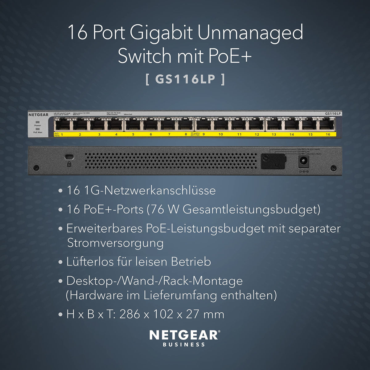 NETGEAR GS116PP Switch PoE 16 Port Gigabit Ethernet LAN cu 16x PoE+ 183W (Switch de rețea Plug-and-Play PoE 16 porturi, fără ventilator, montare în rack de 19 inci, garanție pe viață ProSAFE) - GS116PP-100EUS