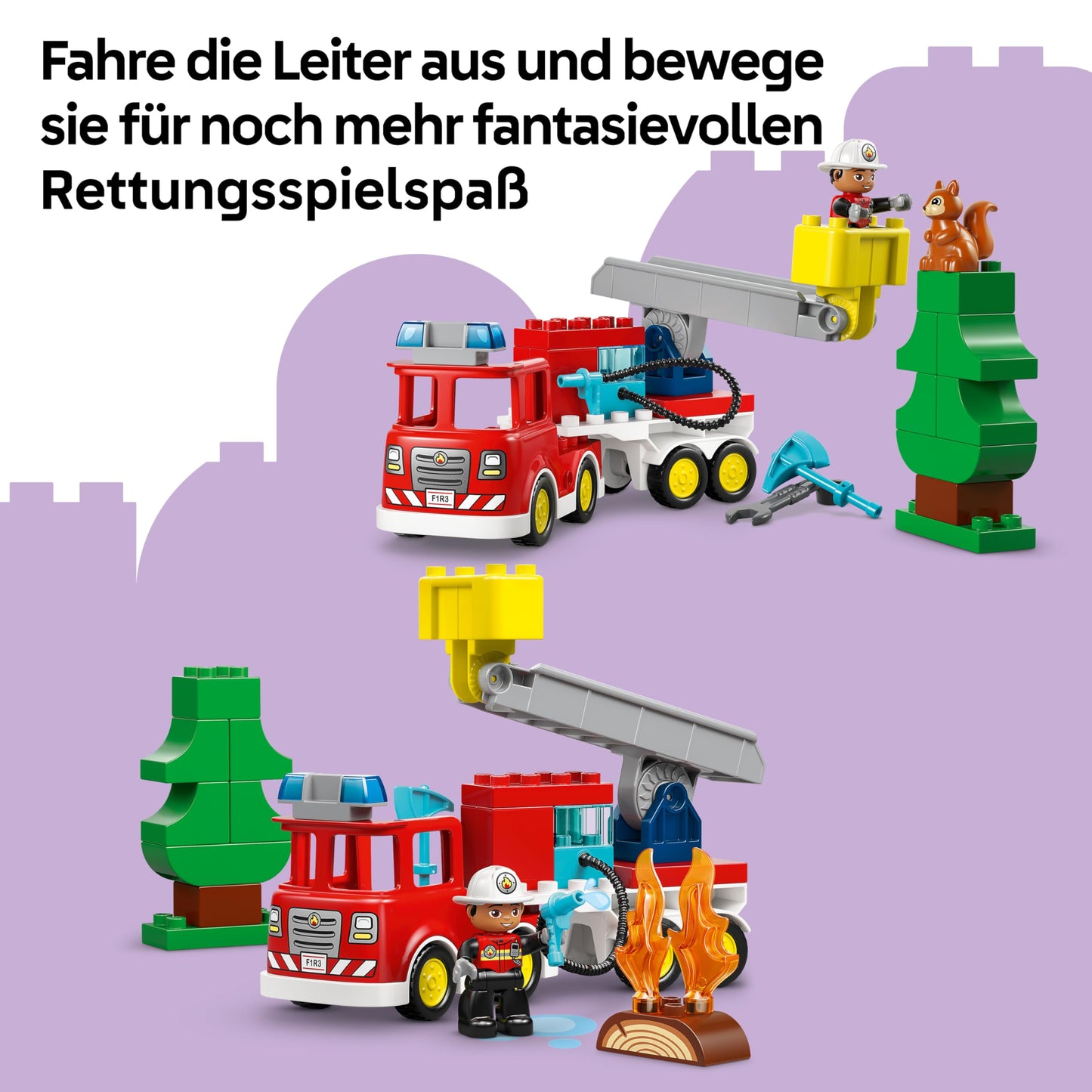 LEGO DUPLO Town fire engine with hose and firefighter - learning toy for motor skills - red fire engine with ladder, figure and squirrel - gift for boys and girls aged 2 and over - 10473