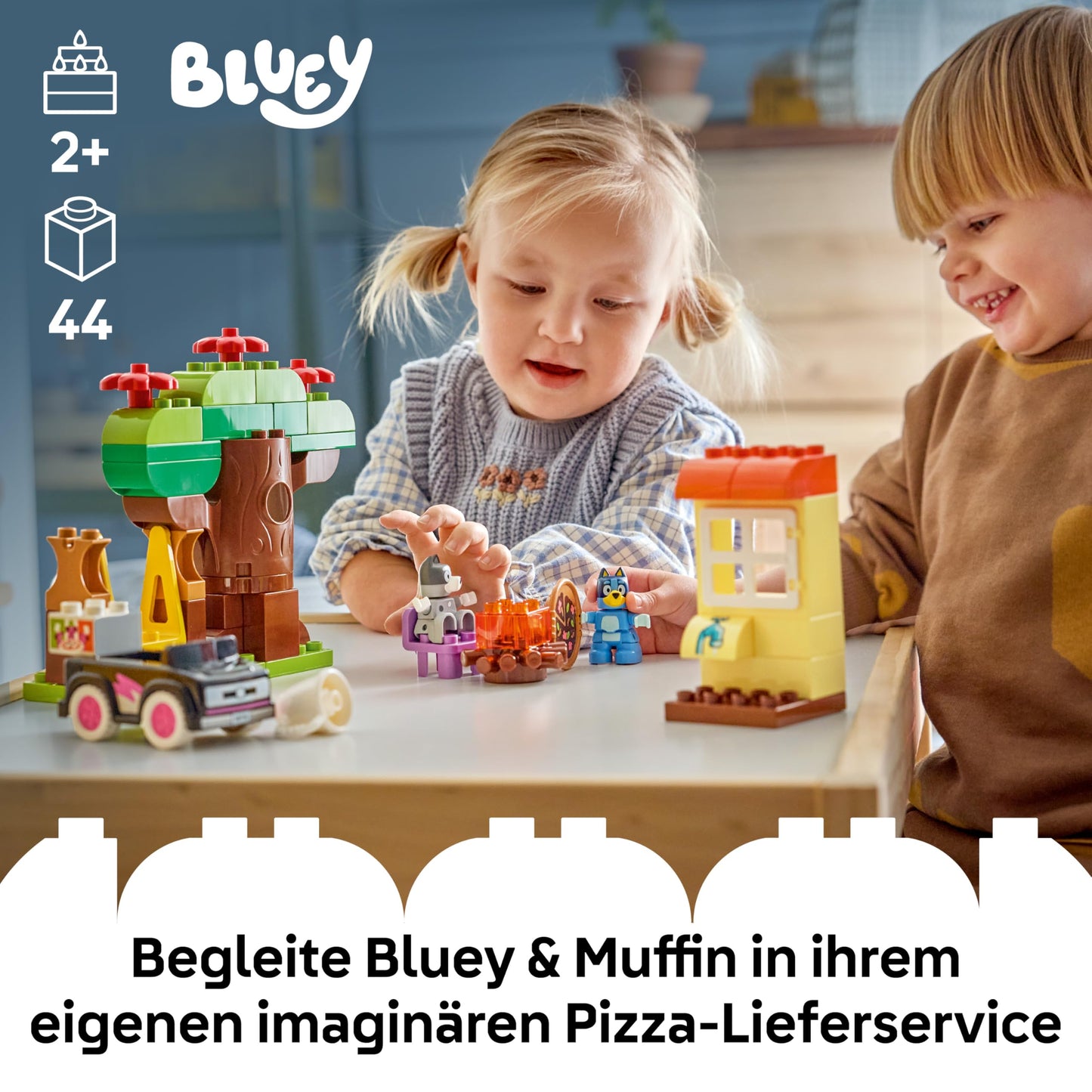 LEGO DUPLO Bluey Pizza Sisters with Muffin and Bluey - Motor Skills Toy for Toddlers - Montessori Set with Car, 2 Figures, Tree & Swing - Gift for Girls & Boys from 2 Years - 10469