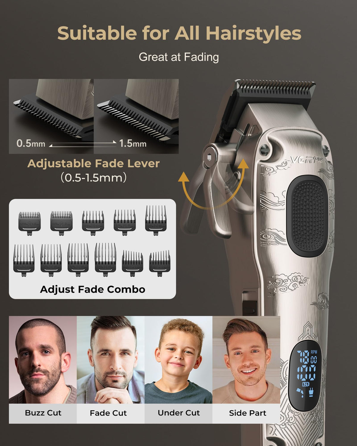 VGRPRO Hair Clipper Professional and Trimmer Set for Men, with EVA Case - V-007