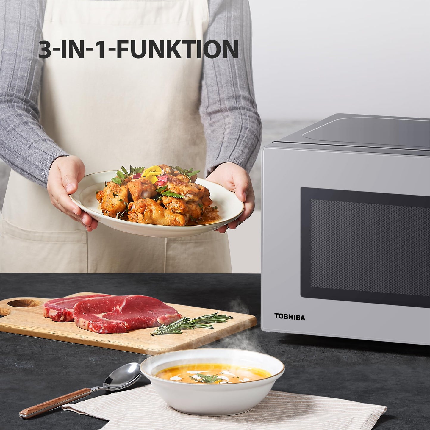 Toshiba solo microwave 20L MW2-MM20PF(SL), freestanding microwave, 800W, 5 power levels with practical defrost function, LED lighting in the interior, silver