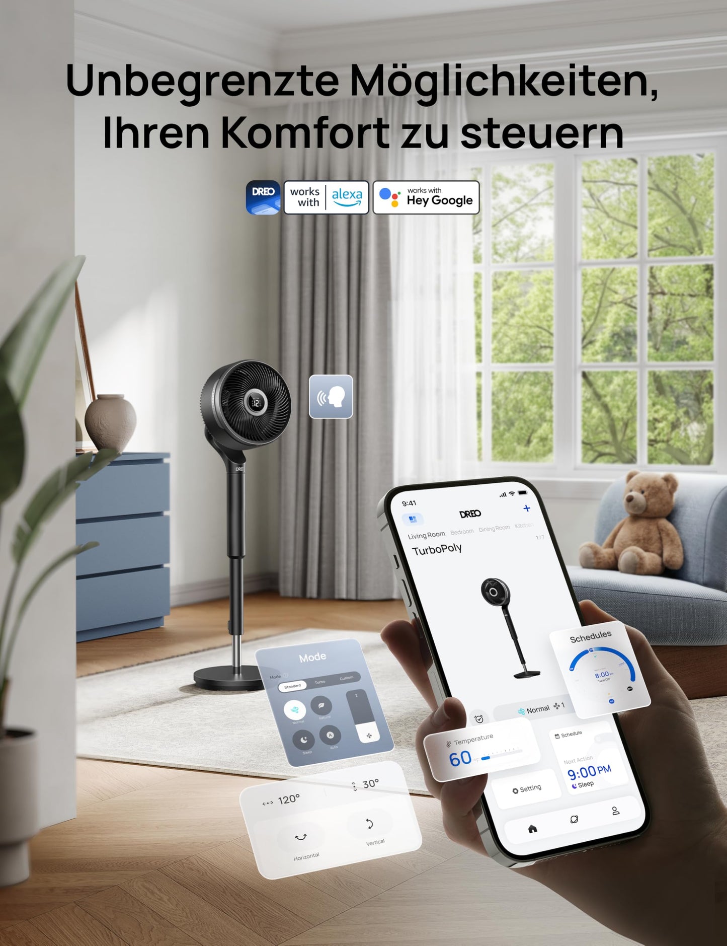 DREO Smart Bedroom Fan, Pedestal Fan, 150°+100° Omnidirectional Oscillation, 36.6m CirculAir Range, Quiet DC Motor, 12 Levels, 6 Modes, 20dB, Remote Control, 12h Timer. - DR-HPF015S