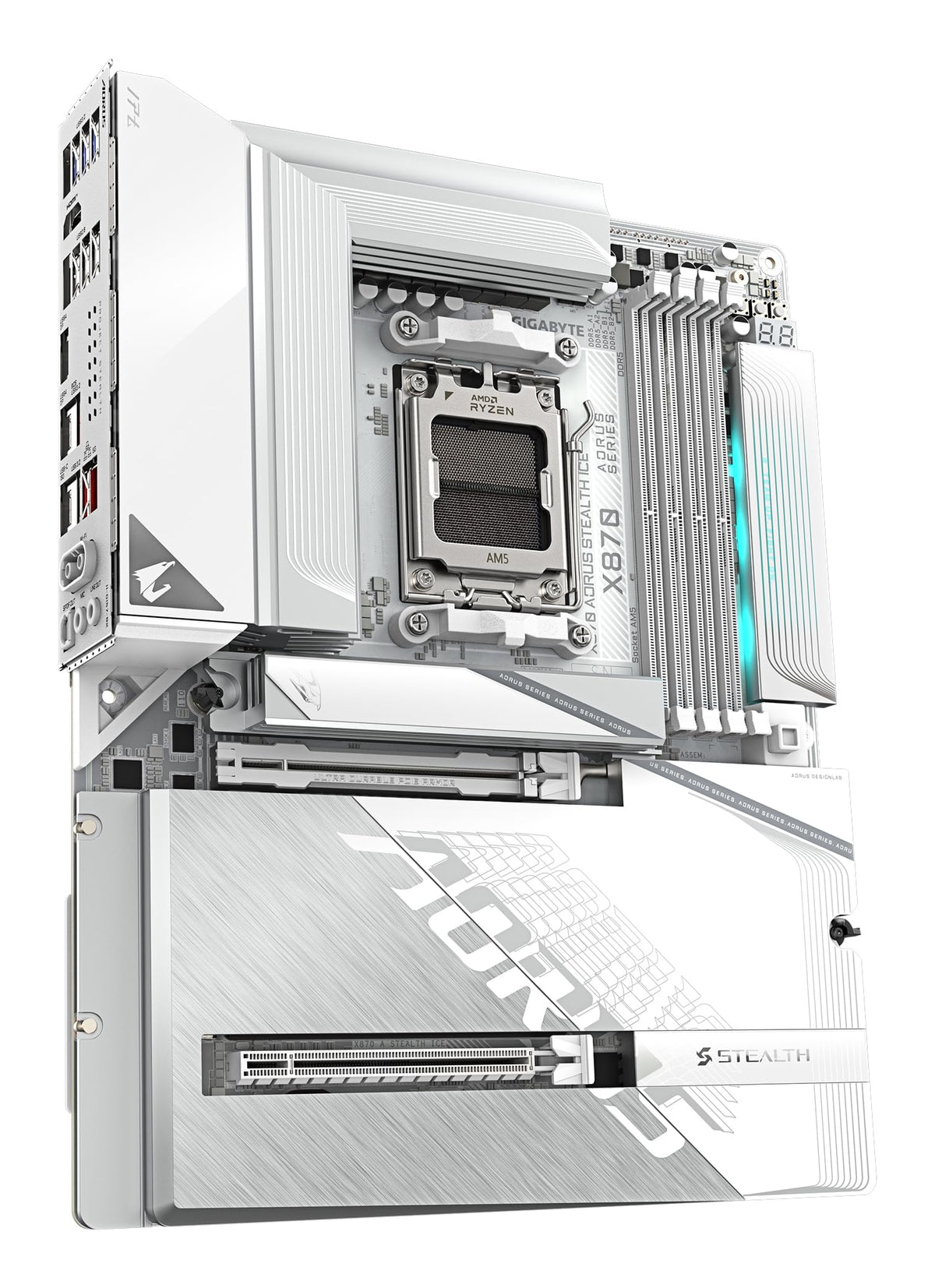 GIGABYTE X870 AORUS Stealth Ice Mainboard – Supports AMD Ryzen 9000 CPUs, digital 16+2+2 phase VRM, up to 8200 MHz DDR5 (OC), 2 x PCIe 5.0 + 2 x PCIe 4.0, Wi-Fi 7, 5 GbE LAN, USB 4