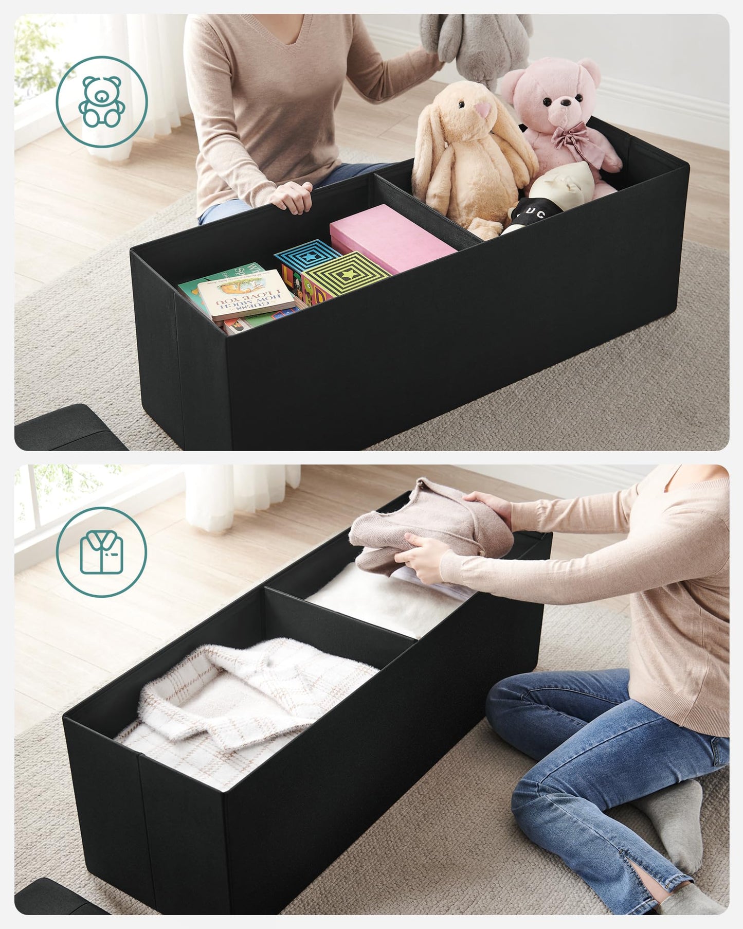 SONGMICS Stool with storage space, folding bench, 38 x 110 x 38 cm footstool, storage box, loads up to 300 kg, for living room, bedroom, hallway, ink black LSF077B01