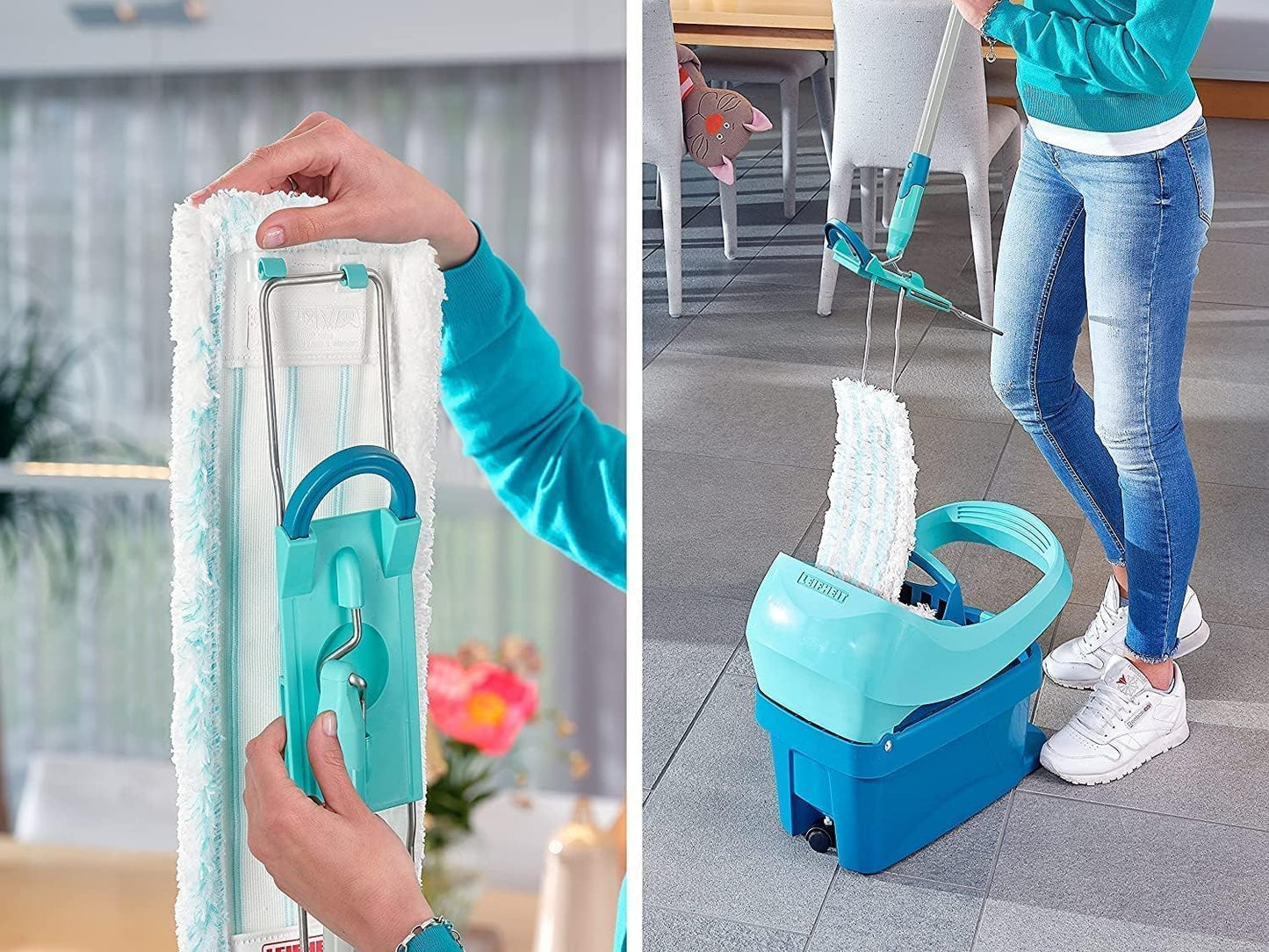Leifheit back-friendly floor mop Profi XL Micro Duo, steel handle 146cm, mop with foot click, microfiber cover for tiles and laminate, 360 degree swivel joint, click system - 55019