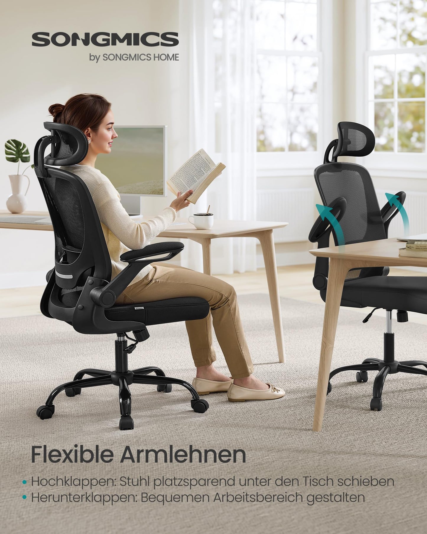 SONGMICS ergonomic office chair, swivel chair with mesh, lumbar and headrest, rocker function, 53 cm seat, folding armrests, study and bedroom, students, ink black OBN047B01