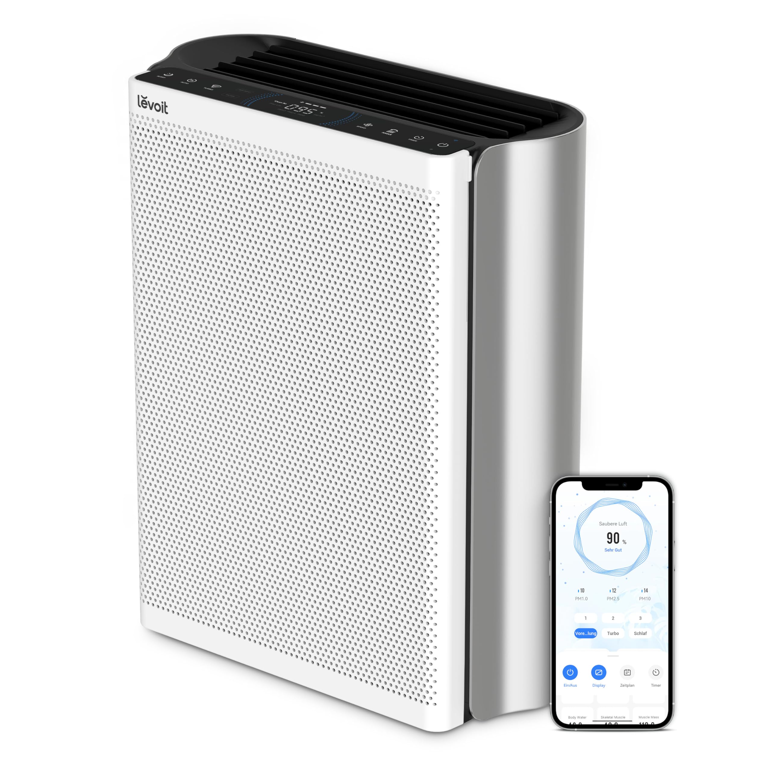 Purificator de aer Levoit pentru alergici, pentru camere mari, cu prefiltru lavabil, CADR 612m³/h, monitor de calitate a aerului cu 3 canale, WiFi inteligent și filtru pentru animale de companie, fum, praf, 26dB, până la 127㎡, alb/negru - LAP-EL551S-AEUR