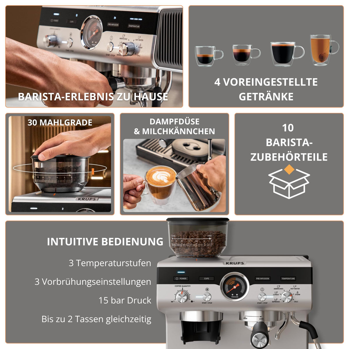 Krups Precision manual espresso machine with grinder, Barista coffee machine with intuitive control panel, pre-infusion settings, espresso machine with steam wand, quick heating, XP801T10