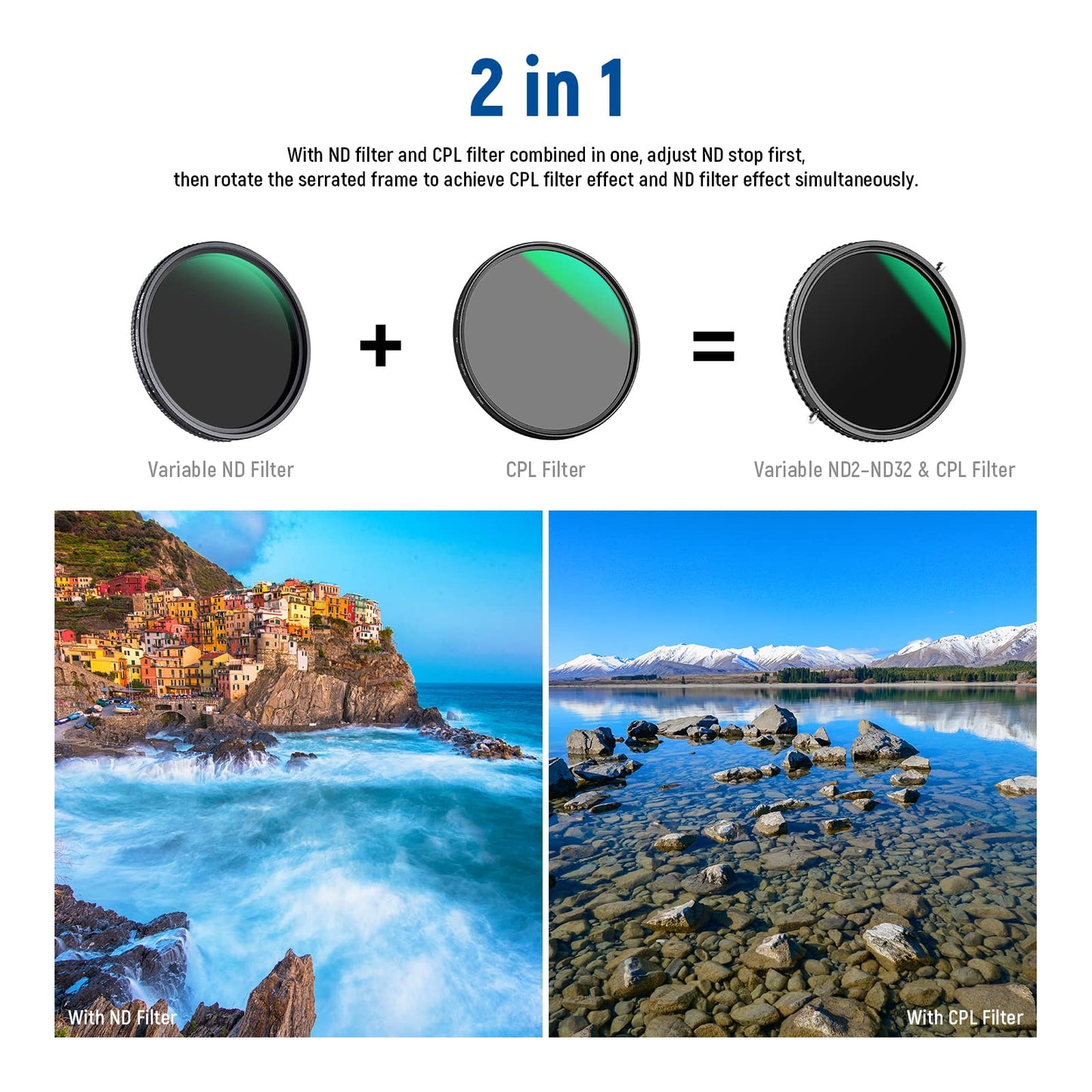 NEEWER 2 in 1 58mm Variable ND Filter ND2-ND32&CPL (Circular Polarizing Filter) No X Cross Variable Gray Filter HD Optical Glass 30 Layer Nano Coated Water-Repellent Scratch-Resistant - 10101732
