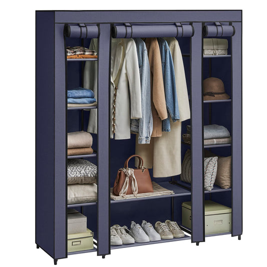SONGMICS Wardrobe, fabric wardrobe, with non-woven fabric cover, folding wardrobe with clothes rail, 45 x 150 x 175 cm, 12 shelves, metal frame, wardrobe for bedroom, navy blue LSF003I02 - 0194343040943