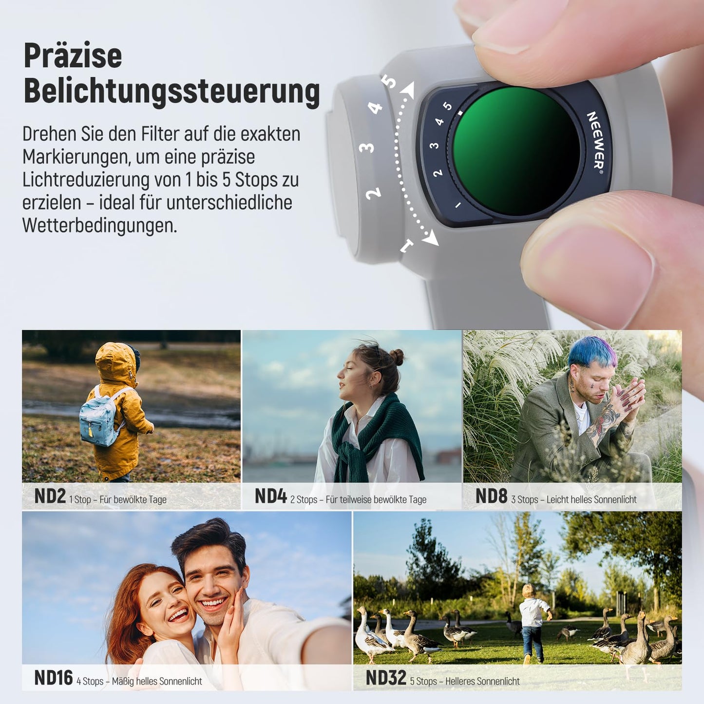 NEEWER Magnetic ND filter set, compatible with DJI Osmo Pocket 3 / Pocket 4 / Xtra Muse, variable ND2-32, black, diffusion filter 1/4, CPL 0.72x, wide angle lens + screen protector - FL-C16