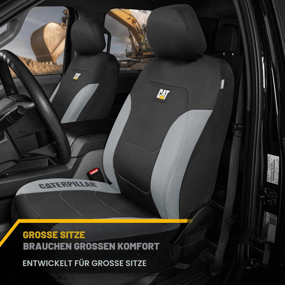 Caterpillar Flexfit Huse de scaun auto pentru autoturisme, camioane și SUV-uri, negru, huse pentru scaunele din față, protecții pentru scaune cu detalii în gri, huse interioare auto, set de 2. - CASC-2274-GR