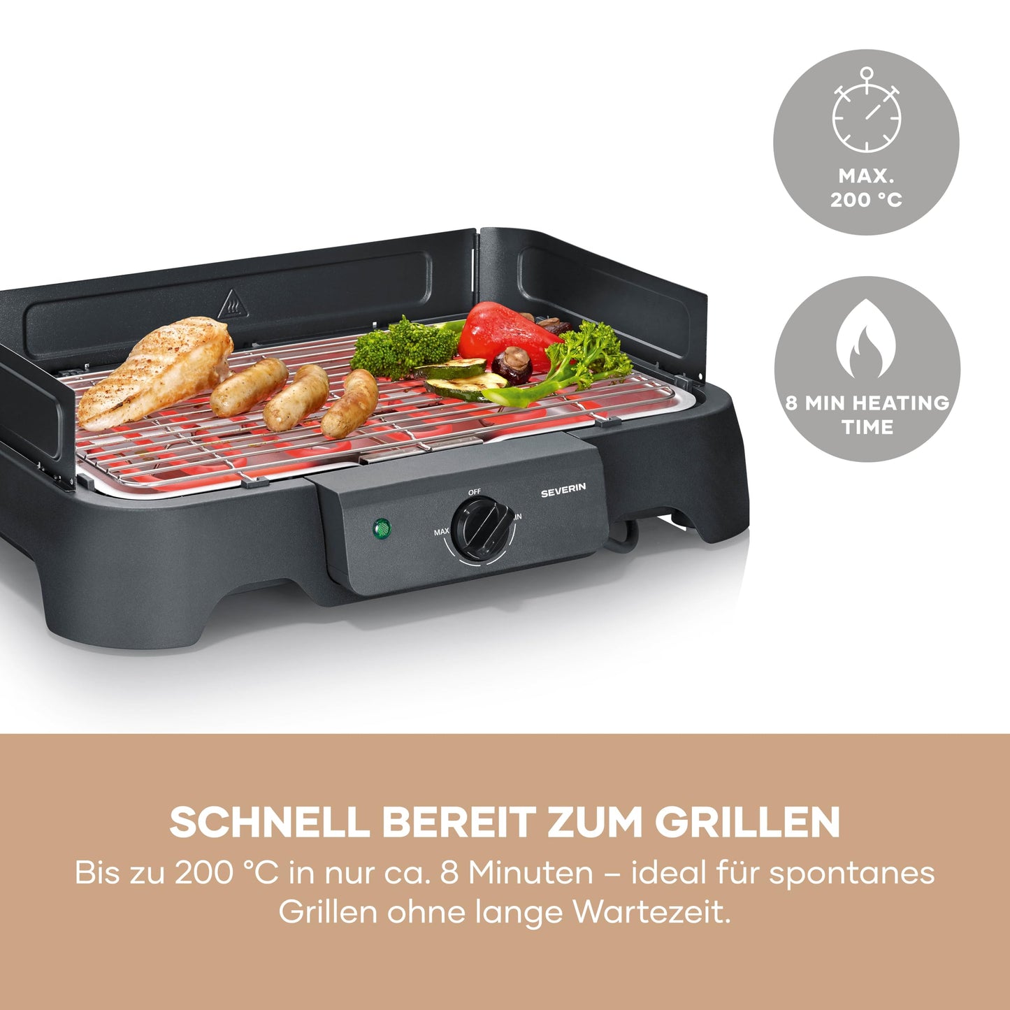 Severin electric grill, temperatures 35-200 degrees Celsius, quick heating, 38x22 cm, table grill with drip tray, stainless steel grill, balcony grill, easy to clean, 2000W, black, PG 8593