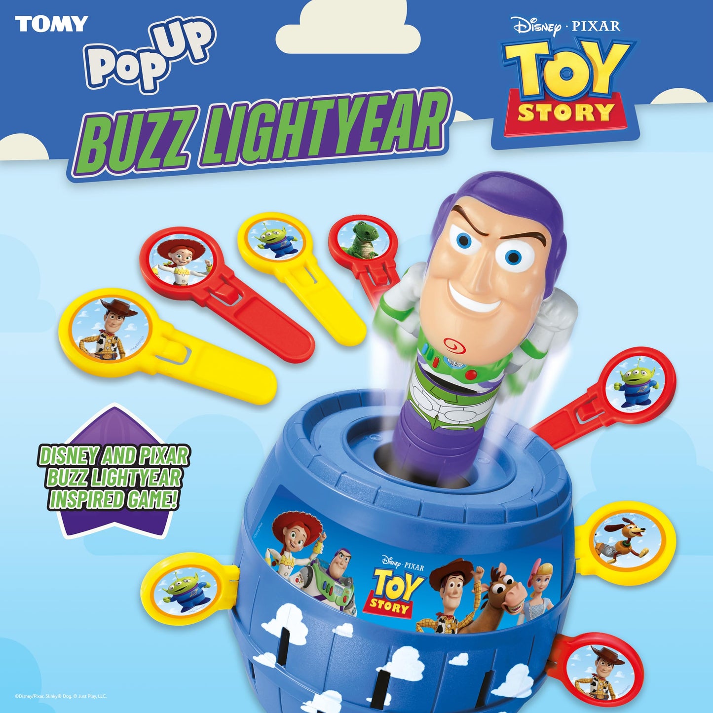 TOMY Pop Up Buzz Lightyear game, Toy Story children's action game, fun plug-in game with sticks, Disney Pixar Buzz Lightyear family game, quick reaction game for 2-4 players, ages 4 and up - T73938