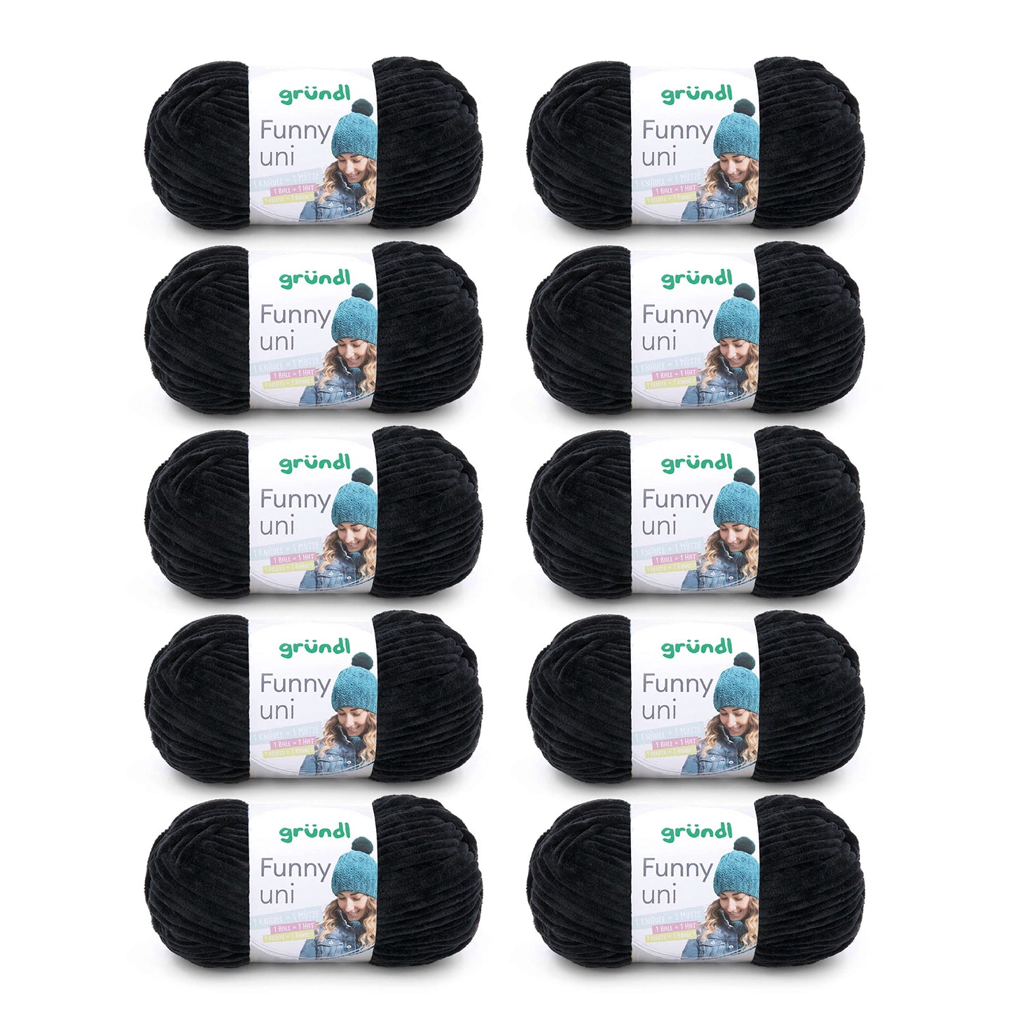 Gründl Wolle Funny uni - soft chenille wool for crocheting - cuddly and skin-friendly - 100% polyester - 10 balls 100 g / 120 m - needle size 5-6, black - 3442-17