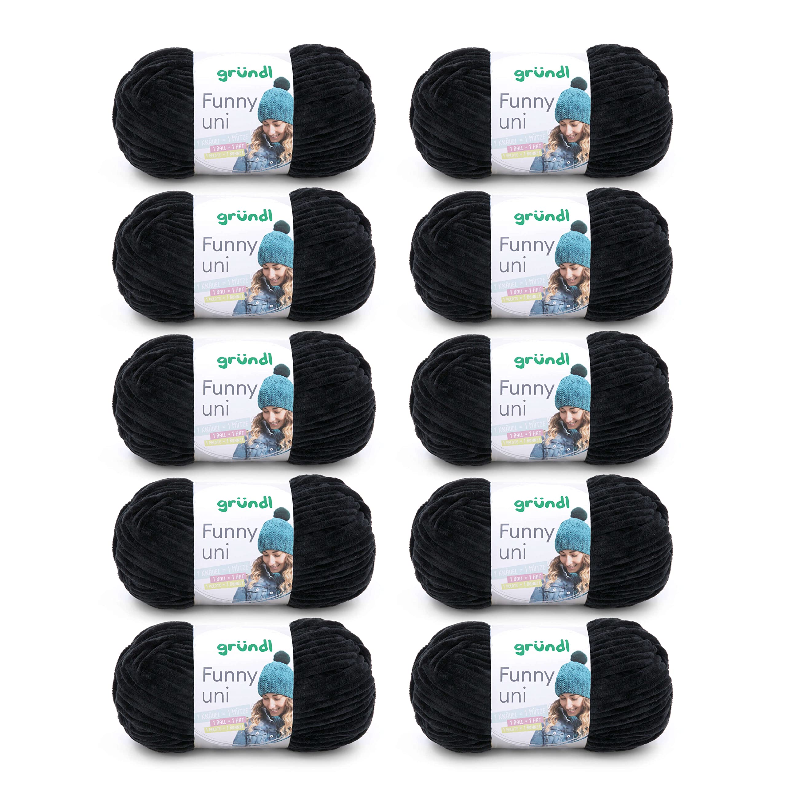 Gründl Wolle Funny uni - lână moale tip chenille pentru croșetat - pufoasă și prietenoasă cu pielea - 100% poliester - 10 sculuri 100 g / 120 m - dimensiune croșetă 5-6, negru - 3442-17