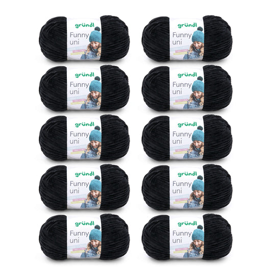 Gründl Wolle Funny uni - lână moale tip chenille pentru croșetat - pufoasă și prietenoasă cu pielea - 100% poliester - 10 sculuri 100 g / 120 m - dimensiune croșetă 5-6, negru - 3442-17