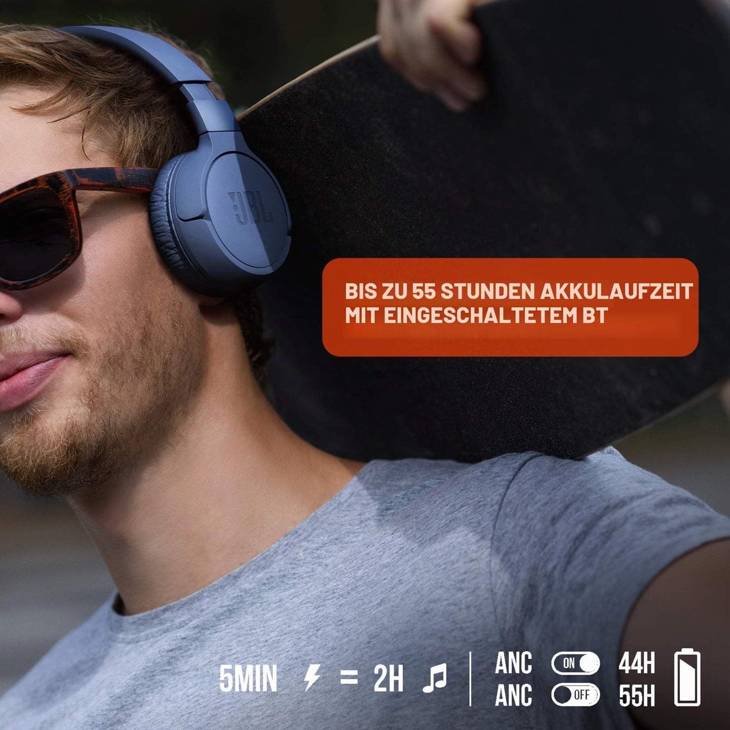 JBL Tune 660 BTNC On-Ear active noise canceling headphones – JBL Pure Bass Sound – Via Bluetooth or cable connection – Blue - JBLT660NCBLU