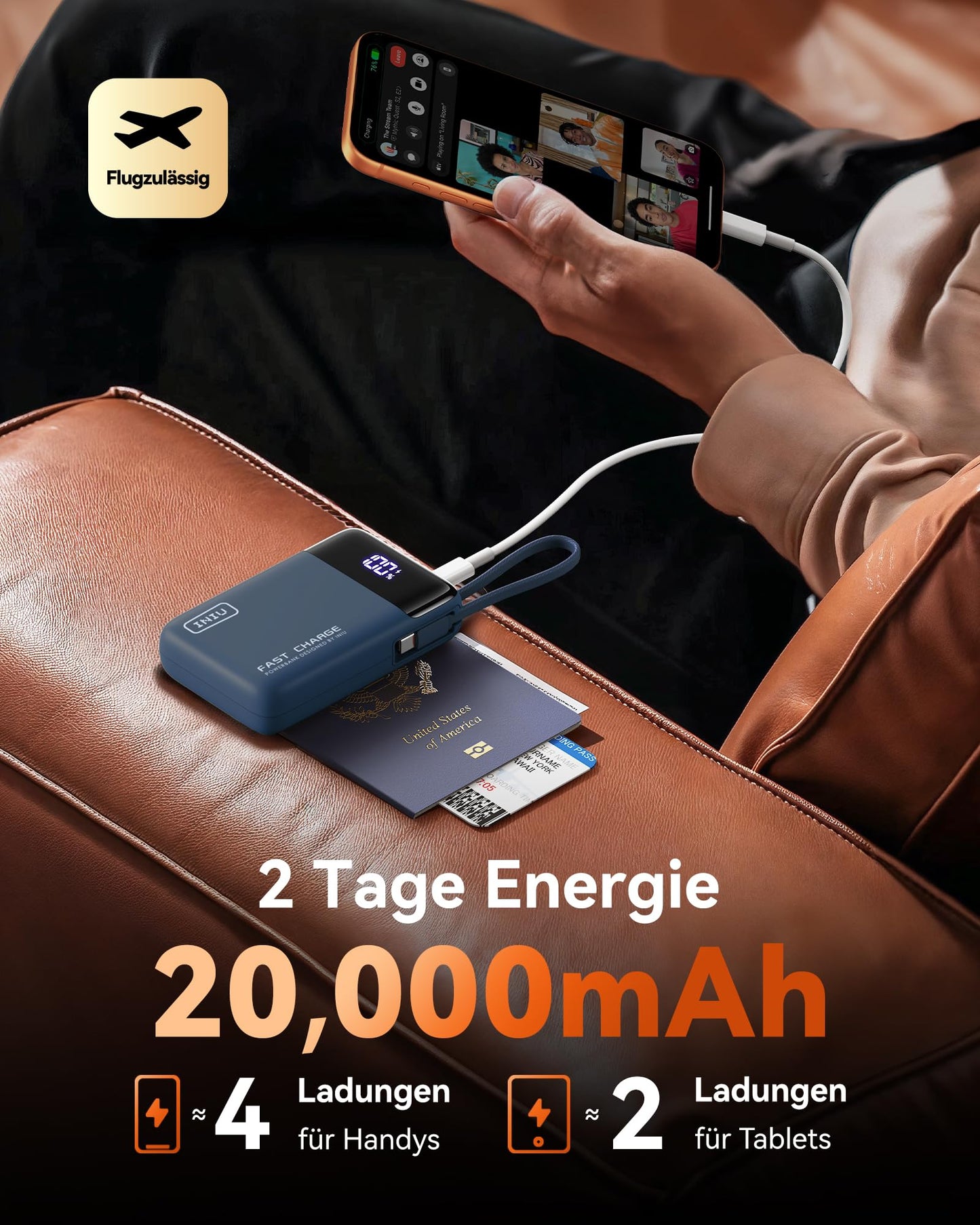 INIU 45W power bank, ultra small 20000mAh power bank with integrated USB C cable, quick charging external mobile phone batteries, suitable for flight, travel essential for air travel, hand luggage, long flights, blue - P51L